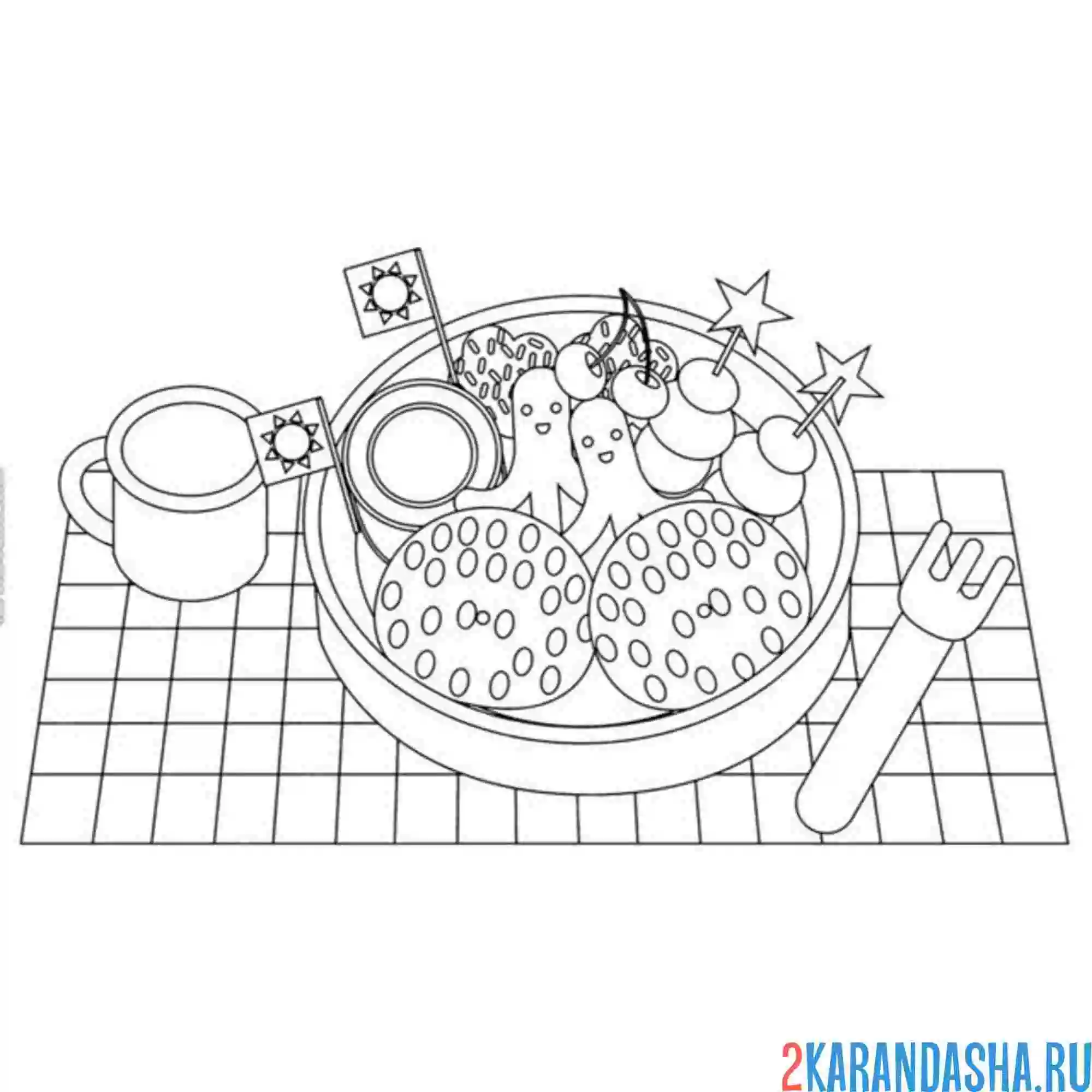 Раскраска еда и детская посудка