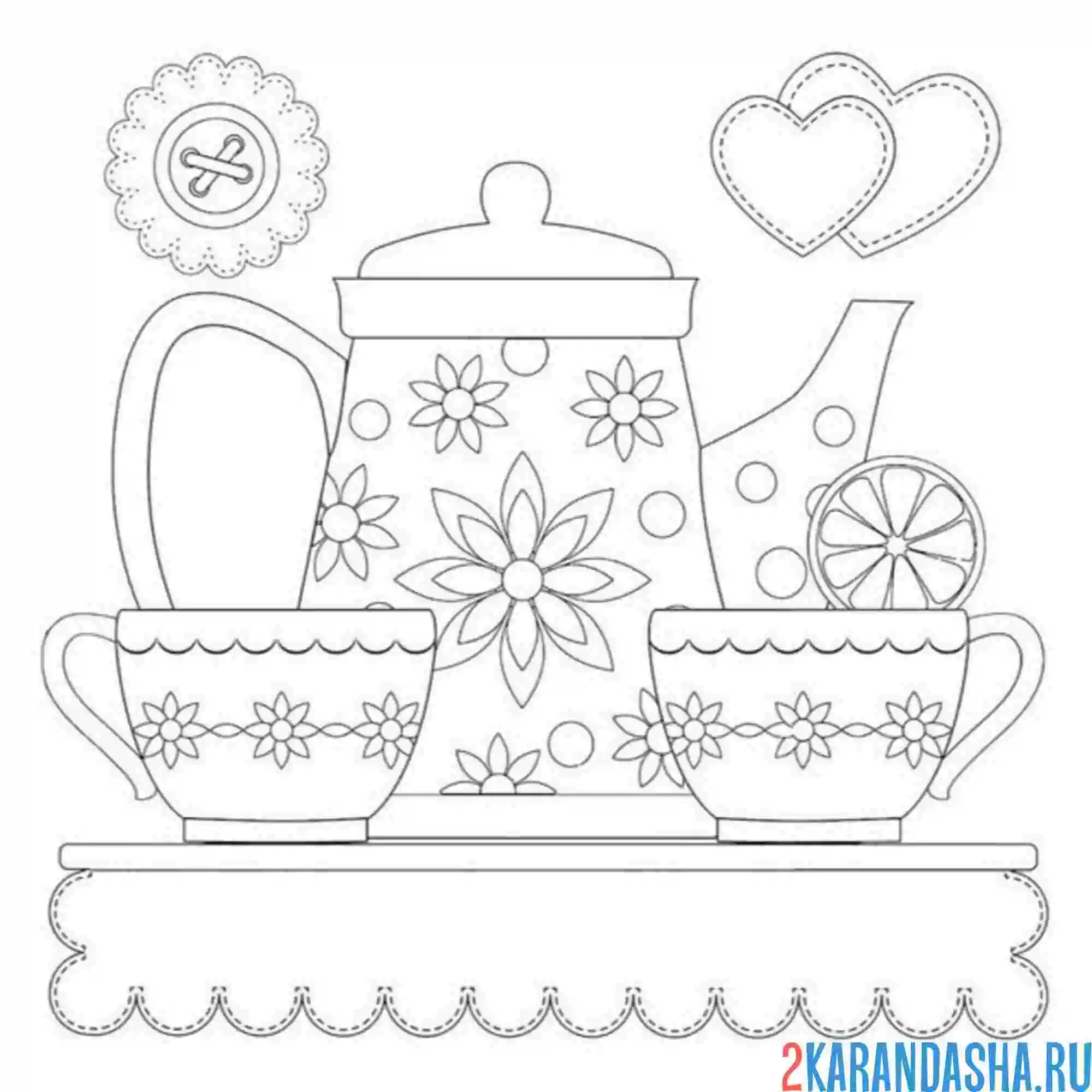 Раскраска чайник и чашки с чаем
