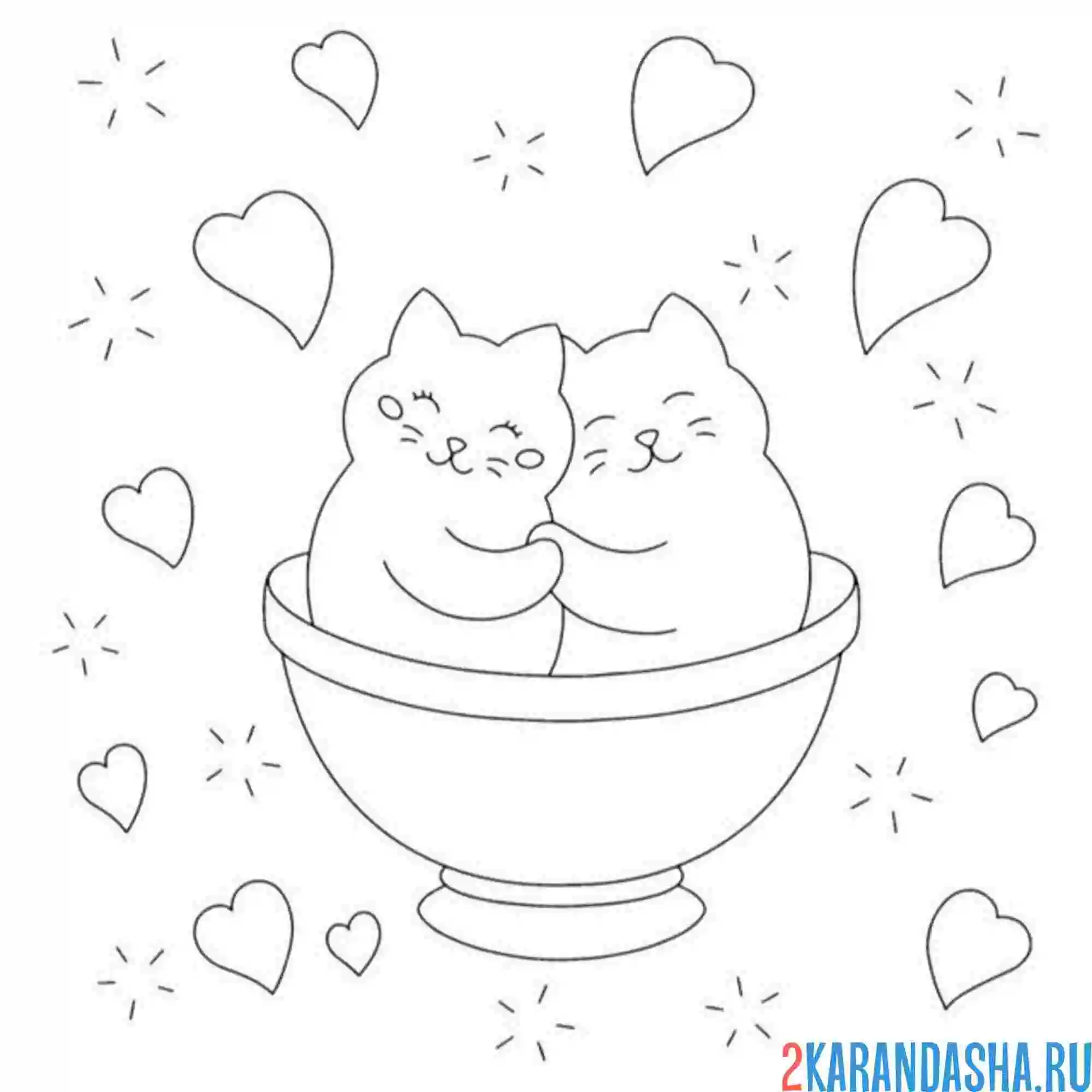Раскраска любовные котики в чашке