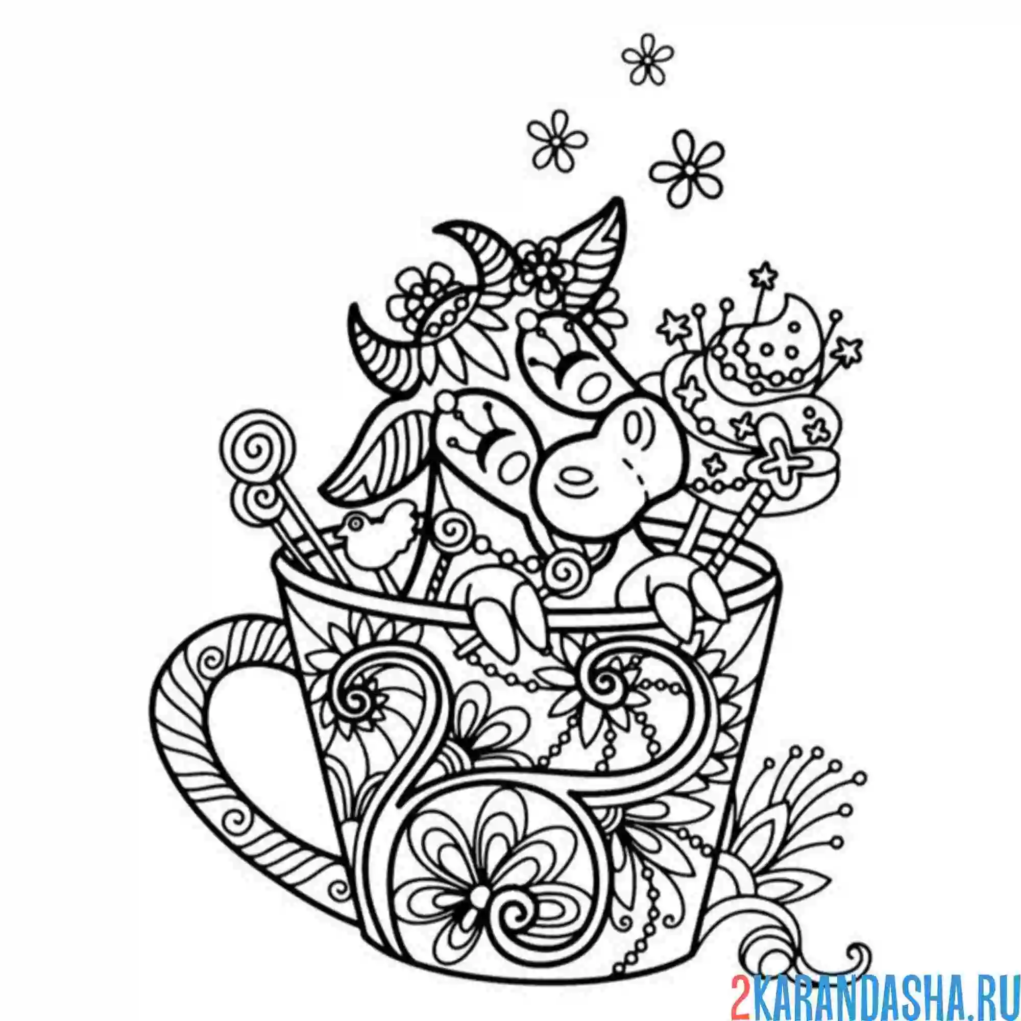 Раскраска коровка в чашке антистресс