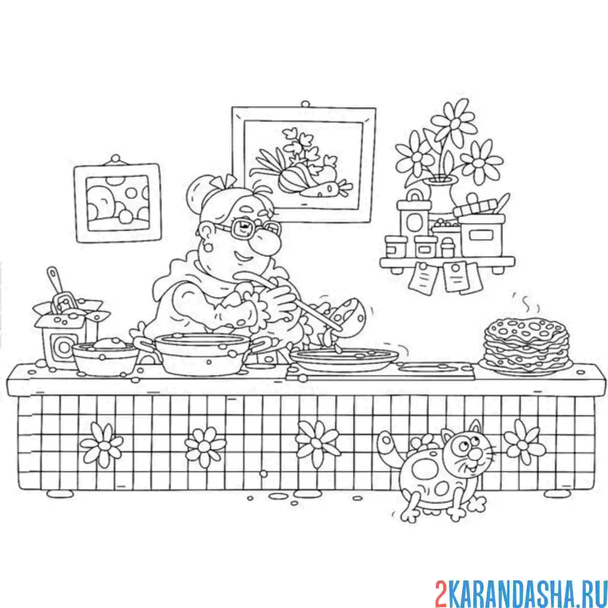 Раскраска бабушка печет блины масленица