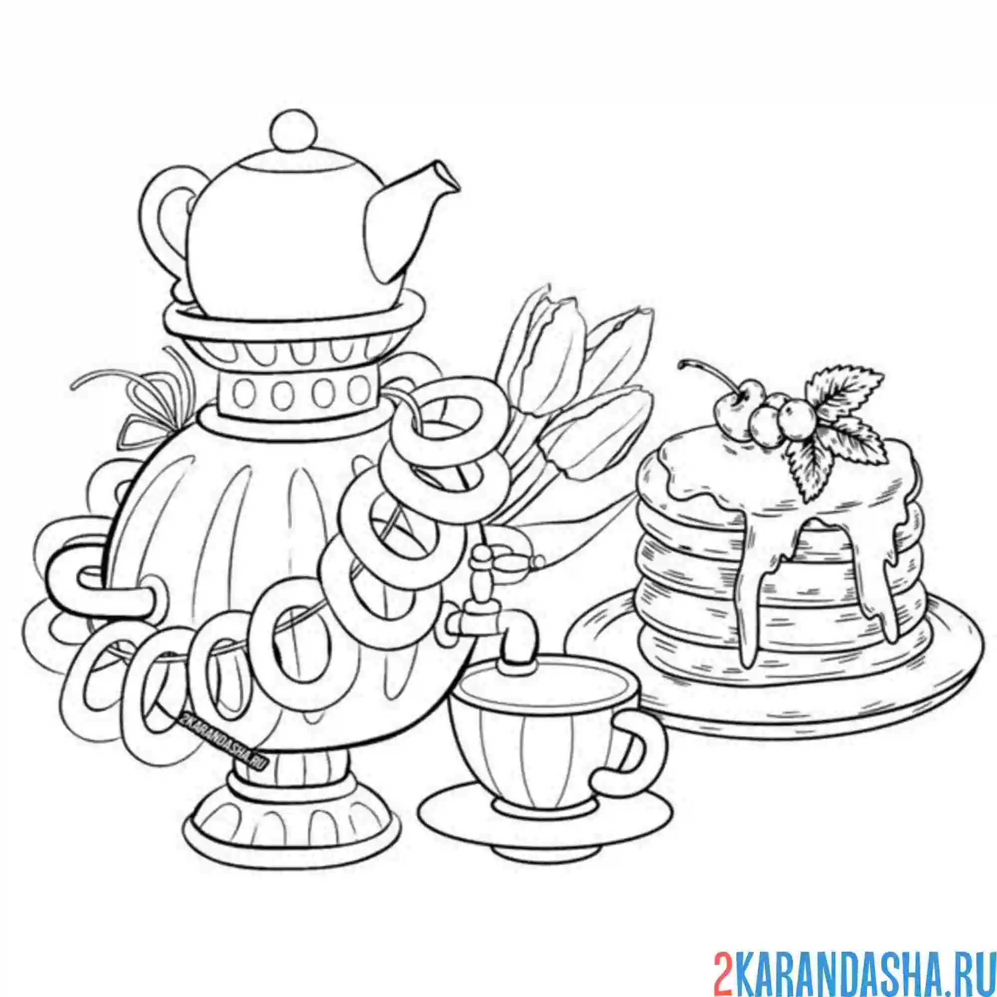 Раскраска масленица самовар чай блины