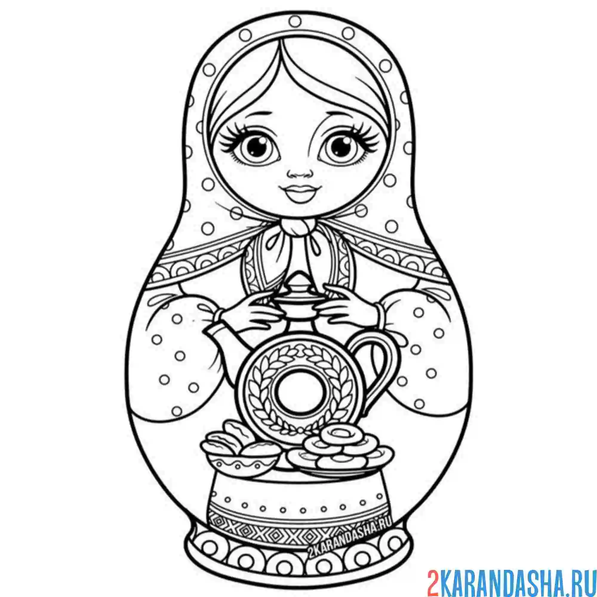 Раскраска матрешка русская с чайником
