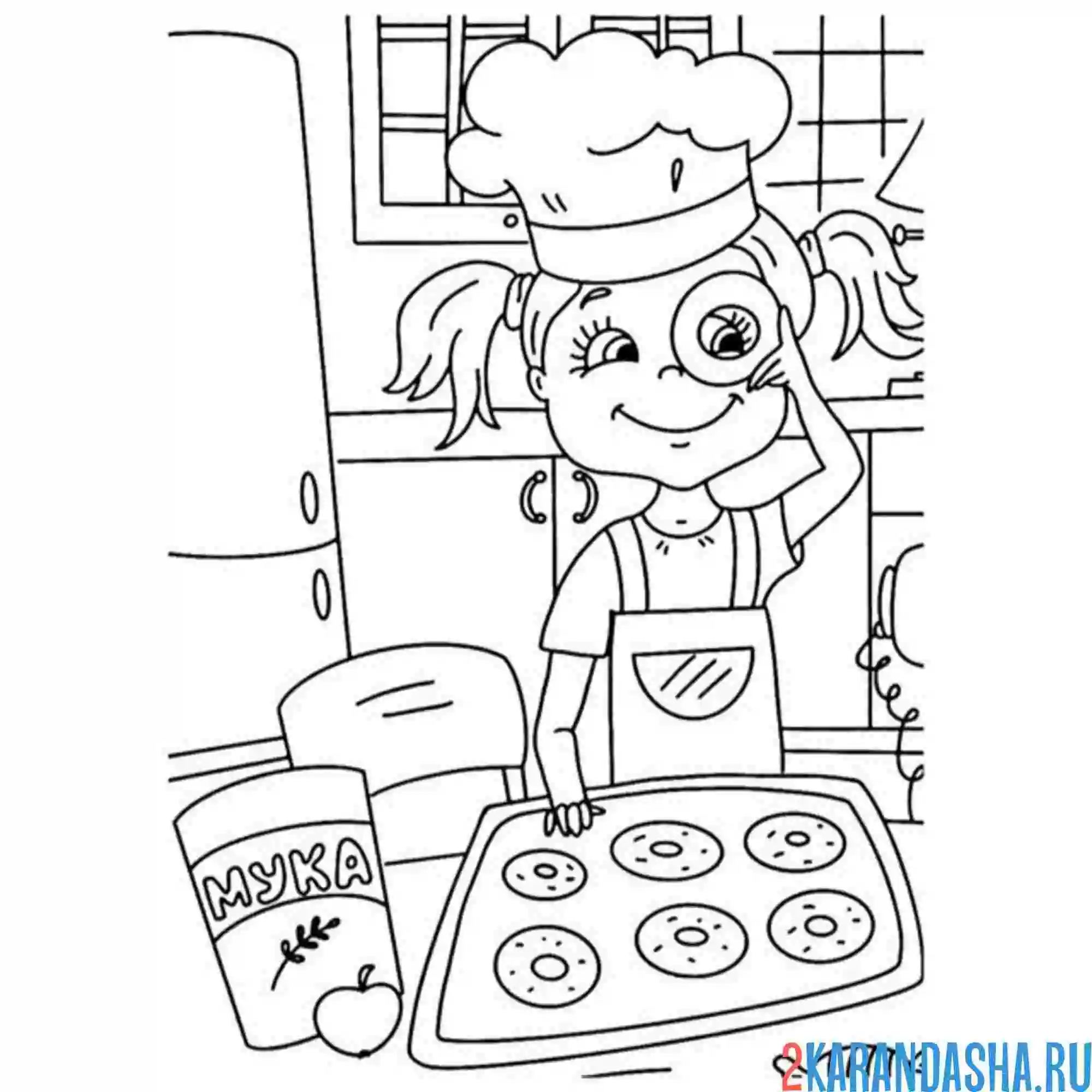 Раскраска девочка учится готовить