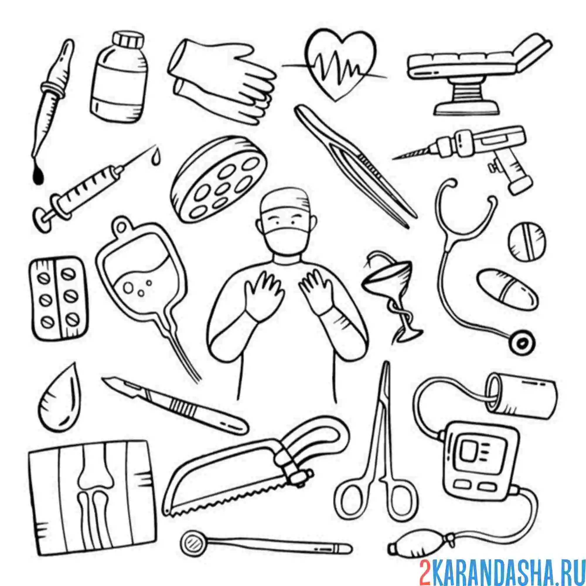 Раскраска инструменты врача хирурга