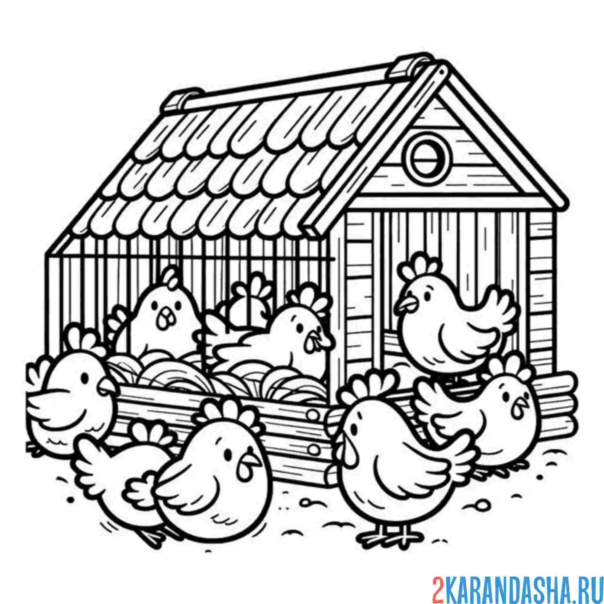 Раскраска курицы в курятнике