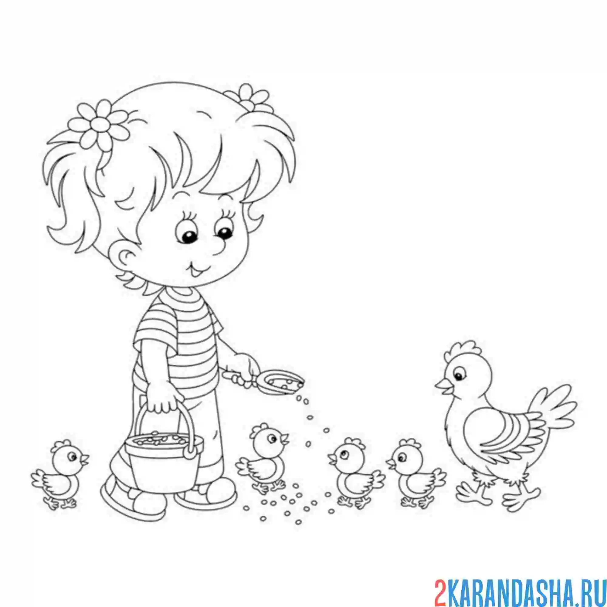 Раскраска девочка кормит куриц