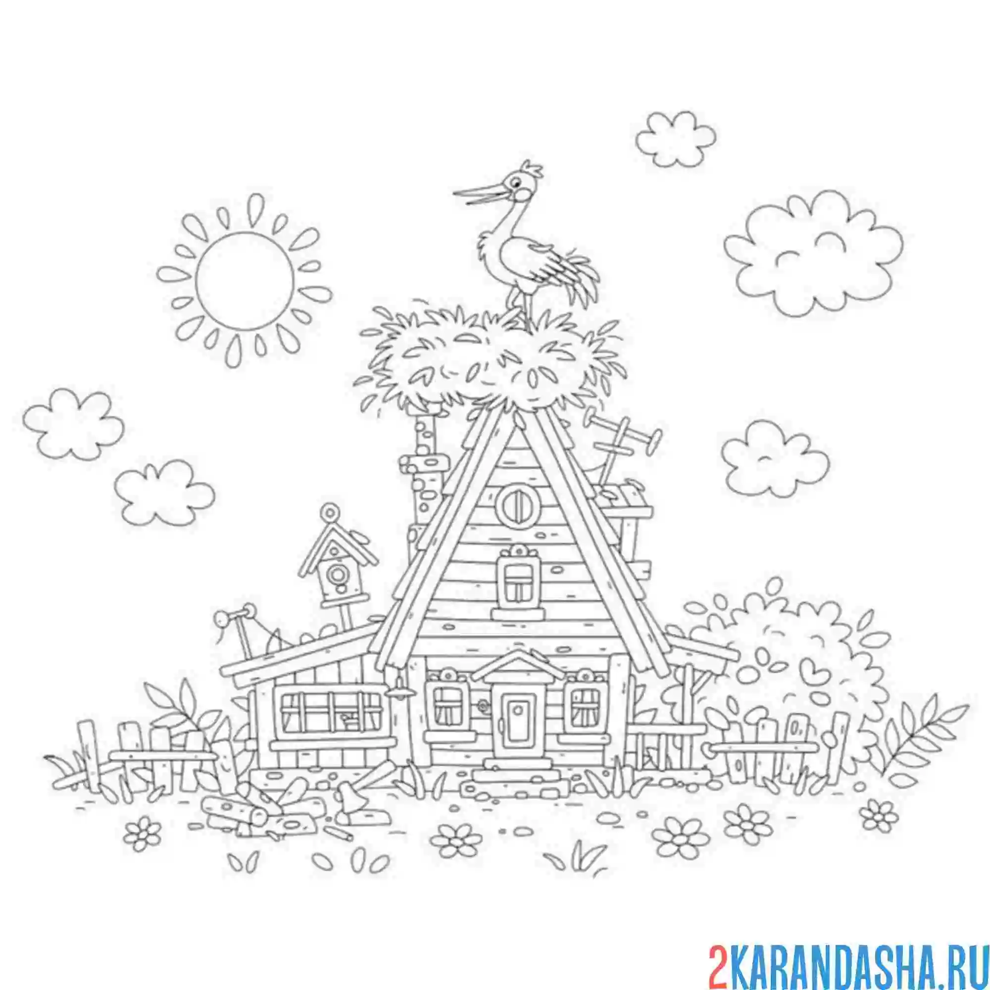 Раскраска аист гнездо на доме