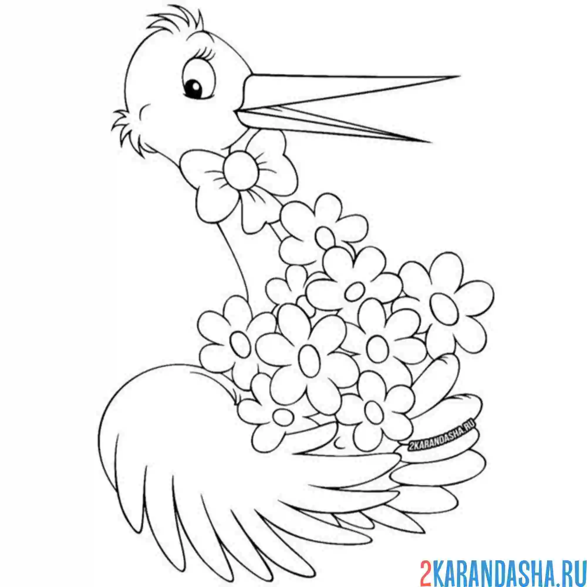 Раскраска аист с цветами