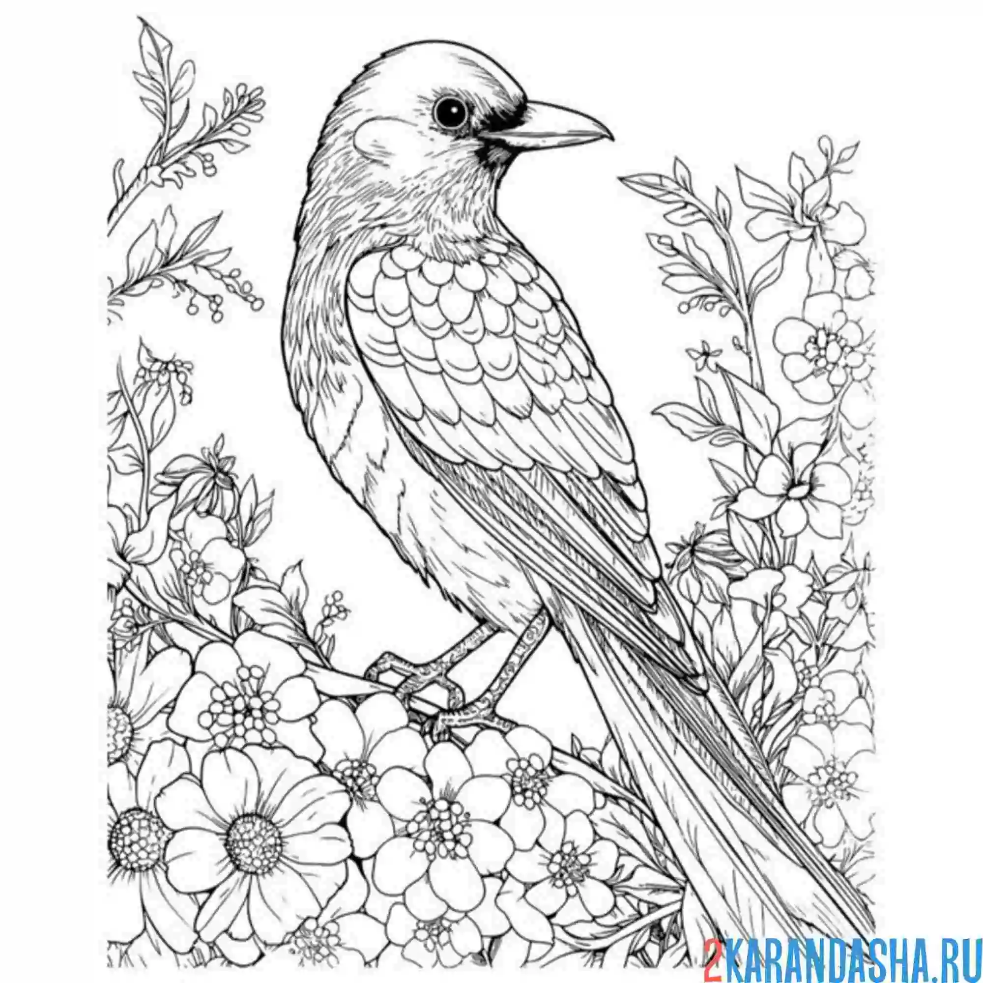 Раскраска сорока в цветочках