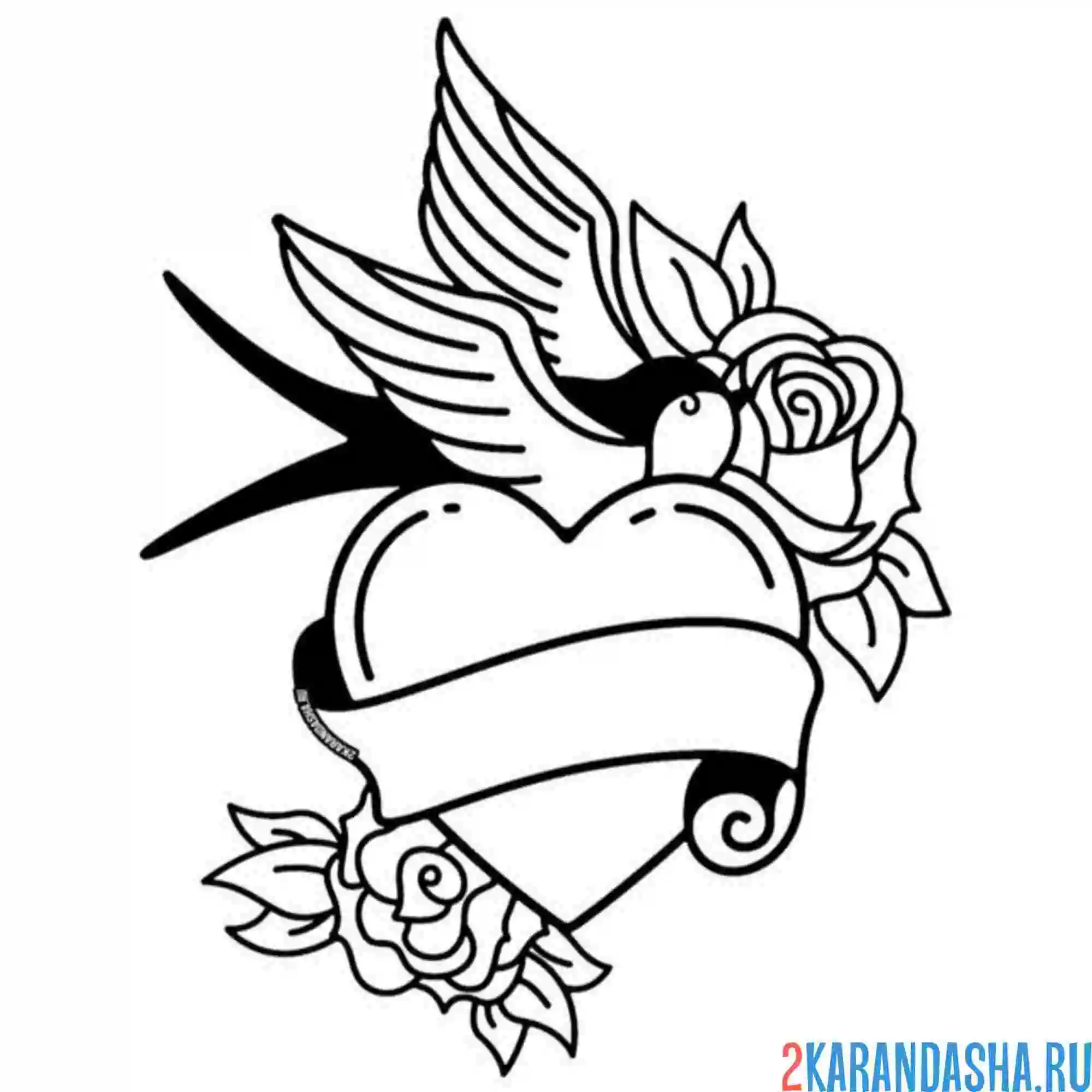 Раскраска ласточка и сердце