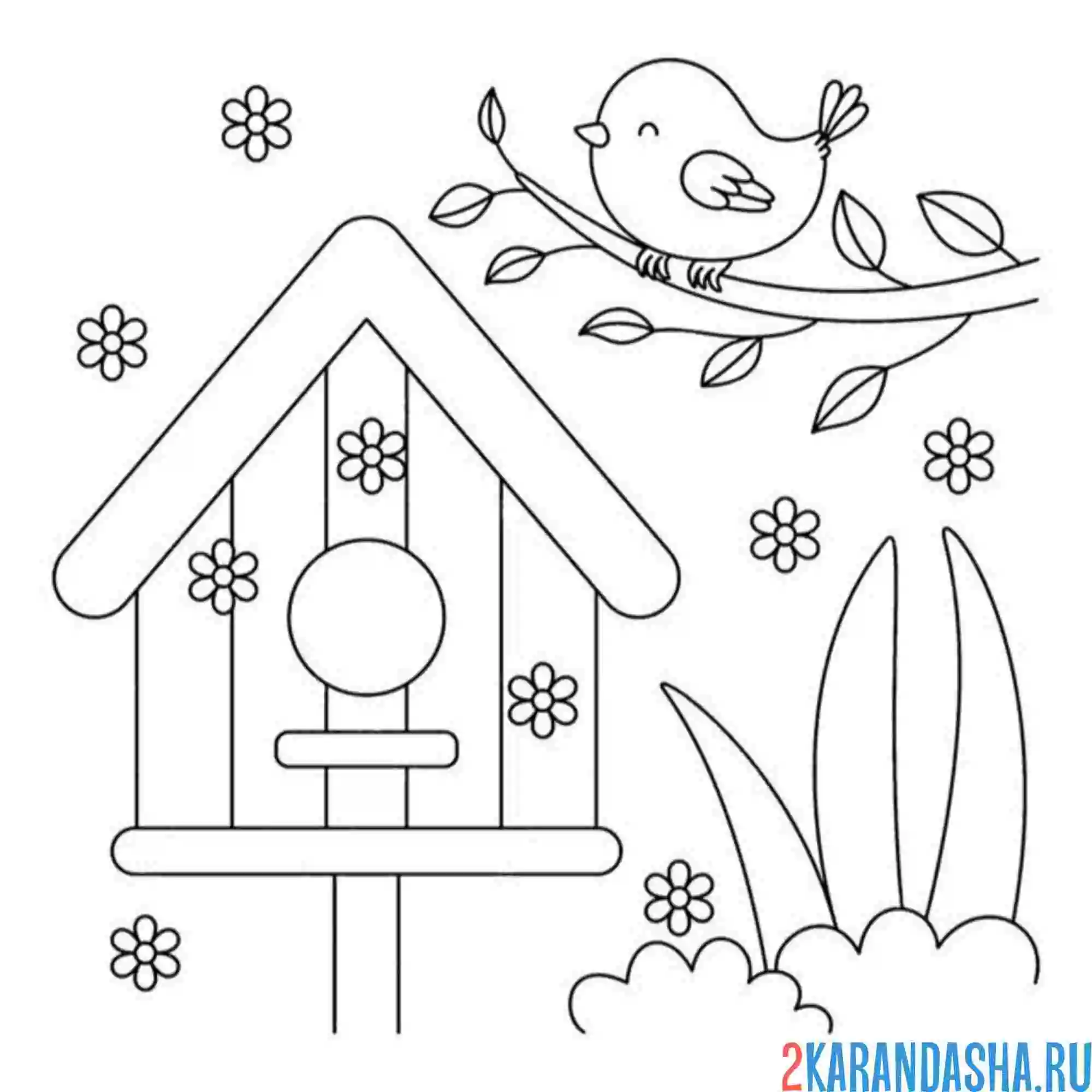 Раскраска птичка и скворечник