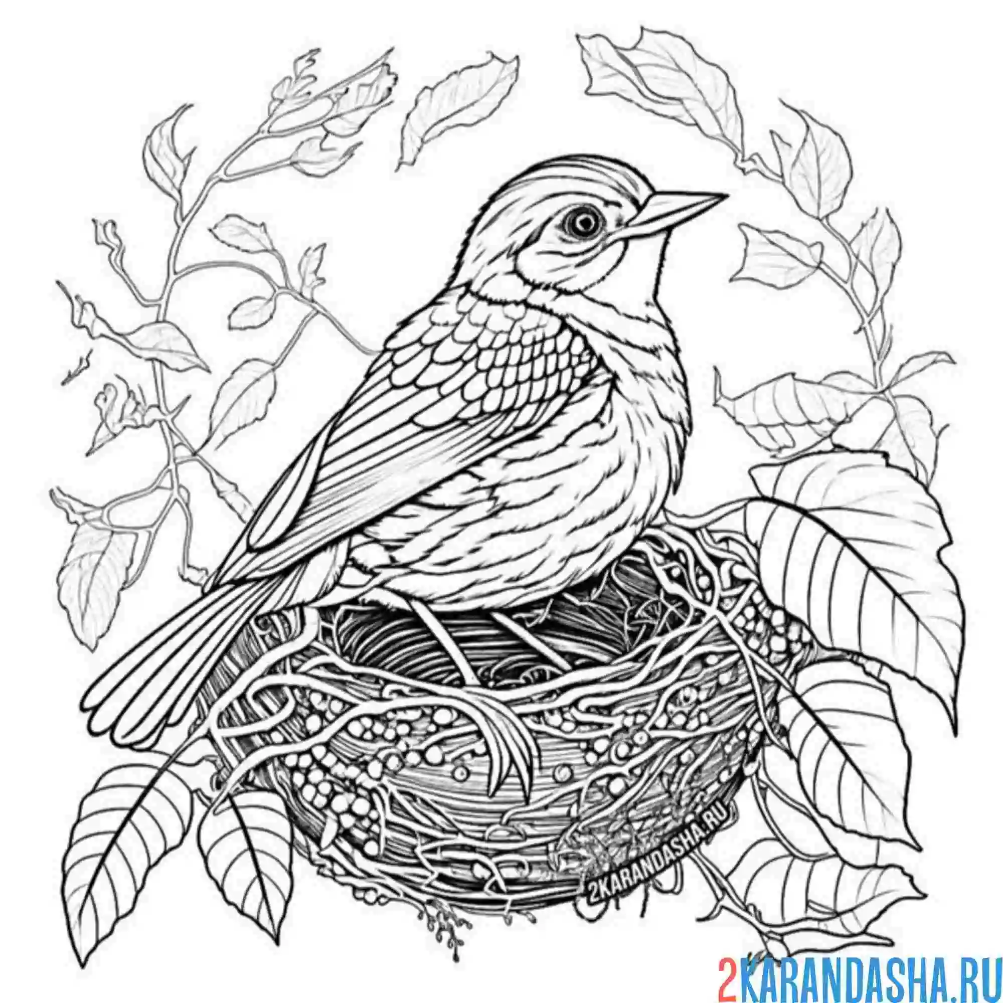 Раскраска мама птичка в гнезде