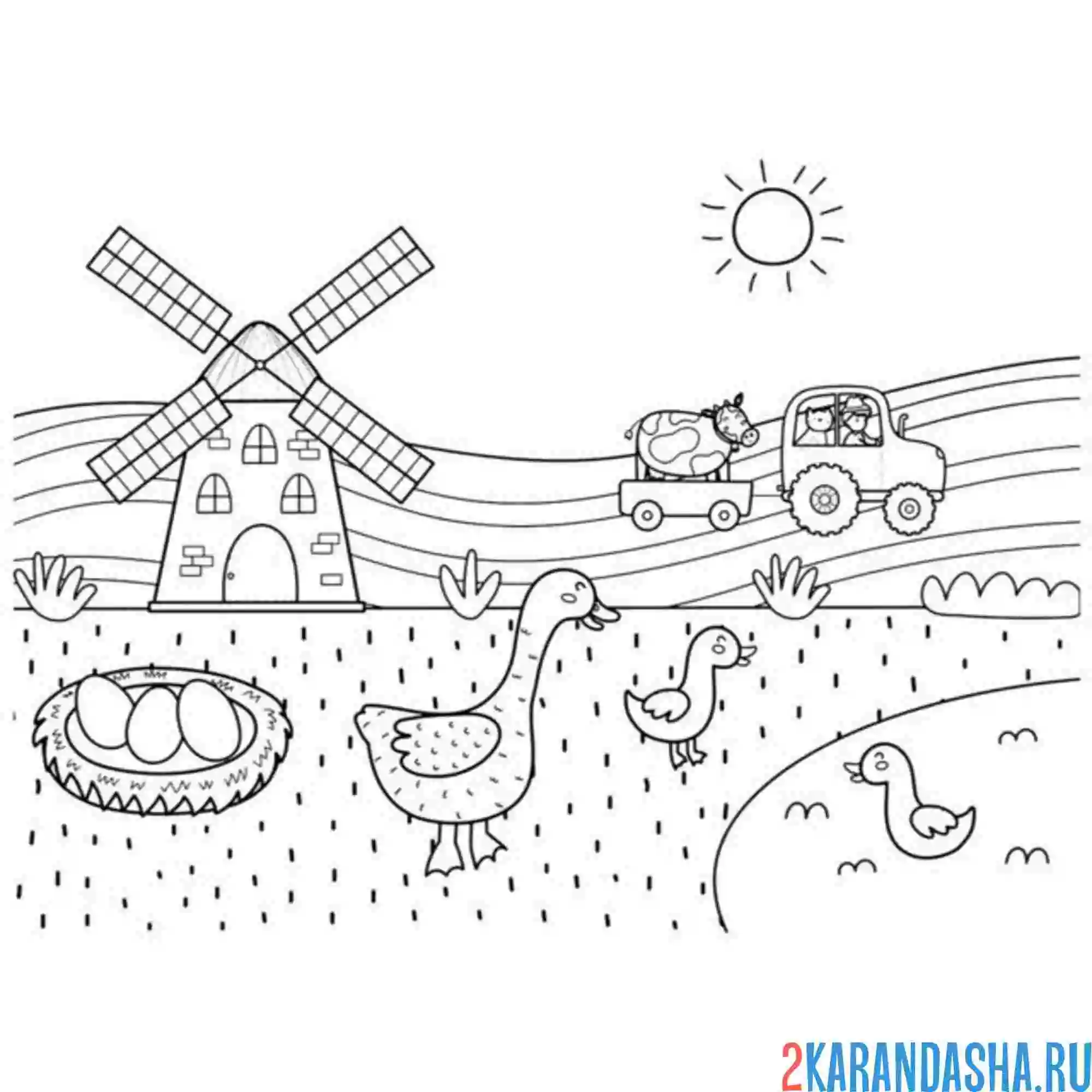 Раскраска гуси на ферме