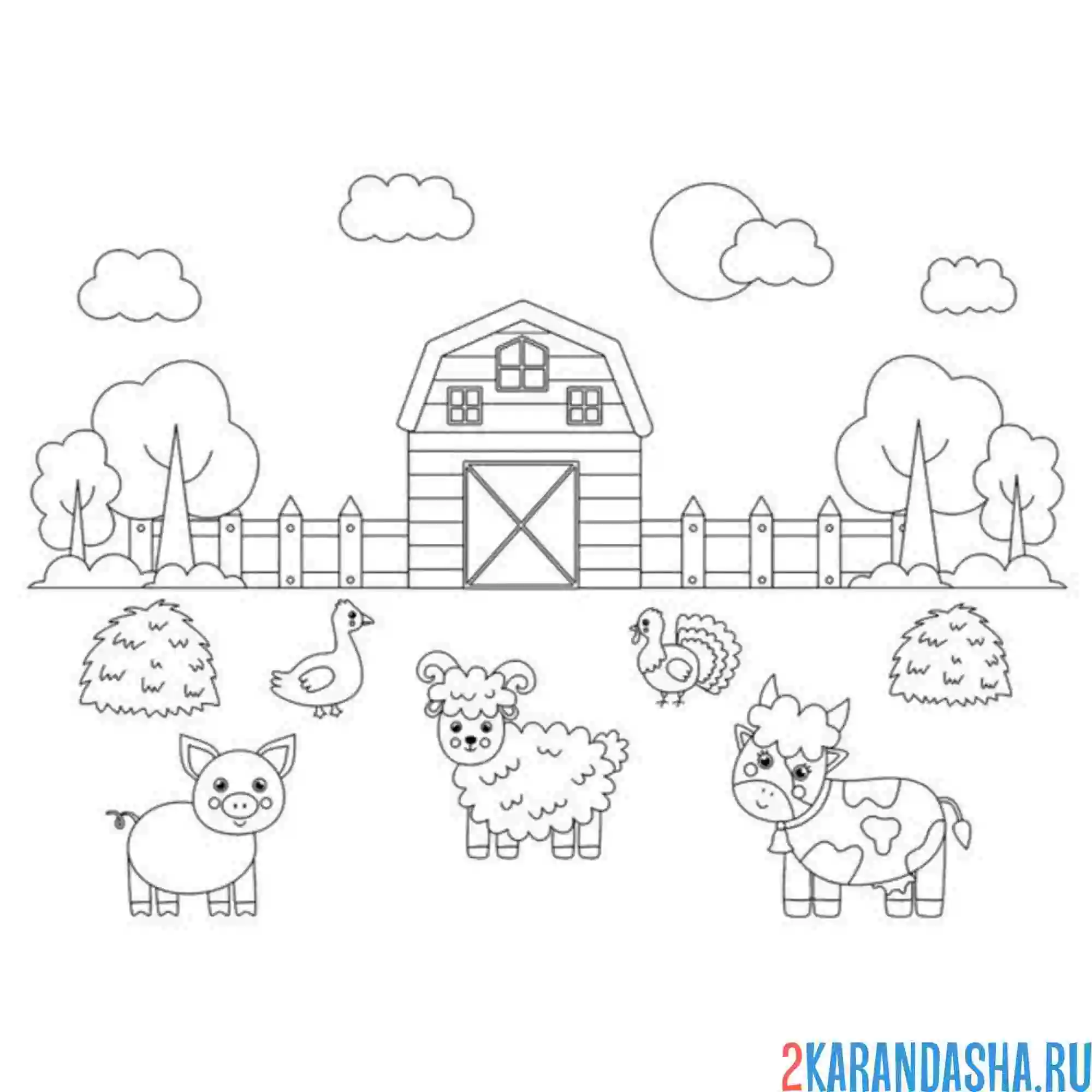 Раскраска ферма свинка барашек коровка гусь и индюшка