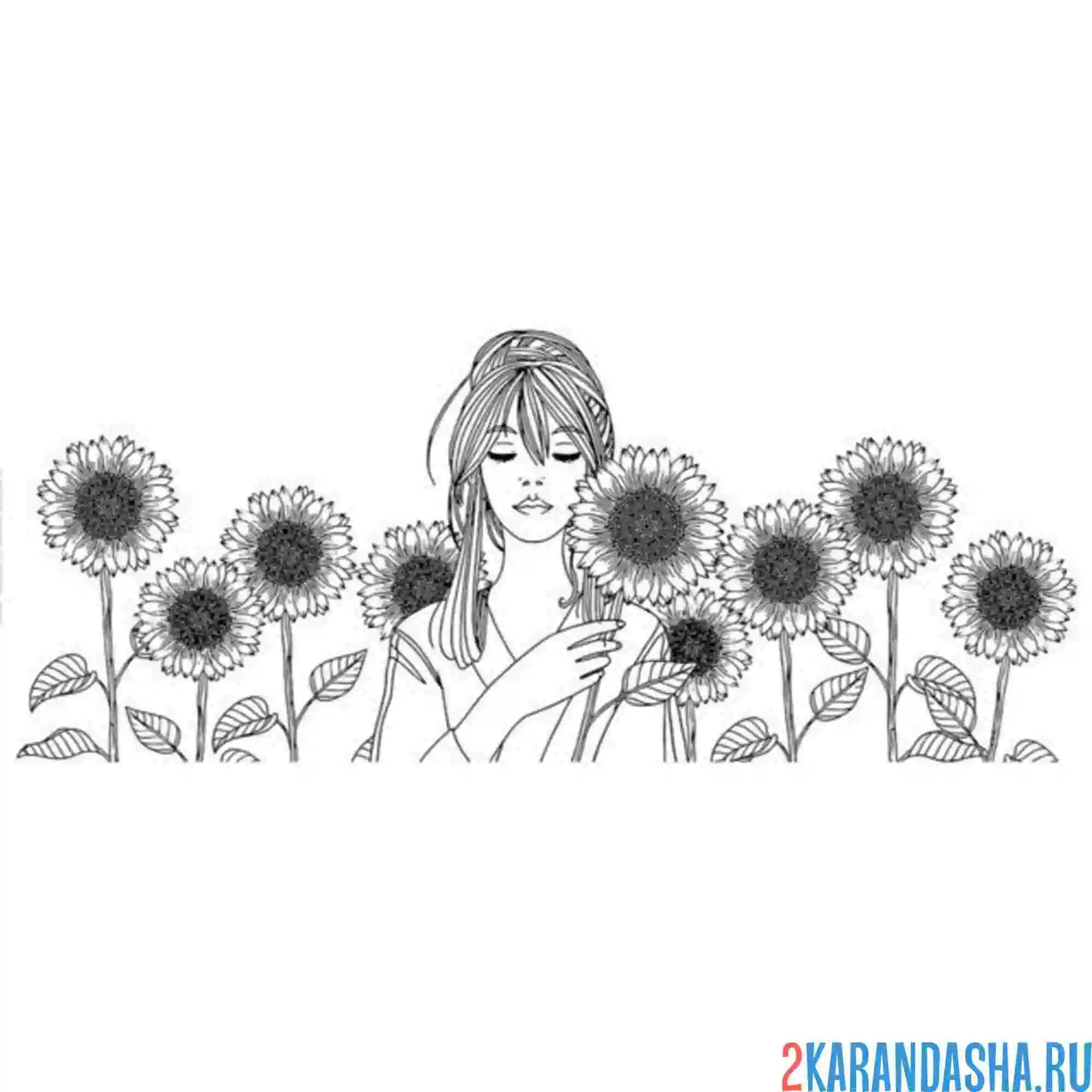 Раскраска девушка в подсолнухах