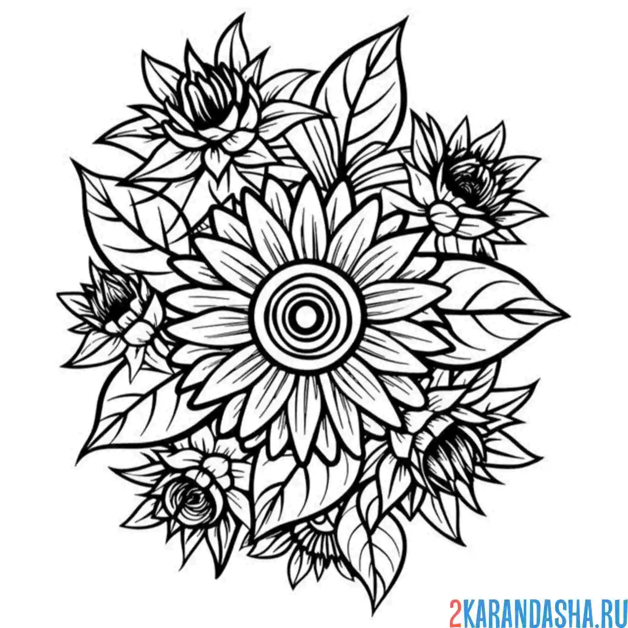 Раскраска букет из подсолнухов