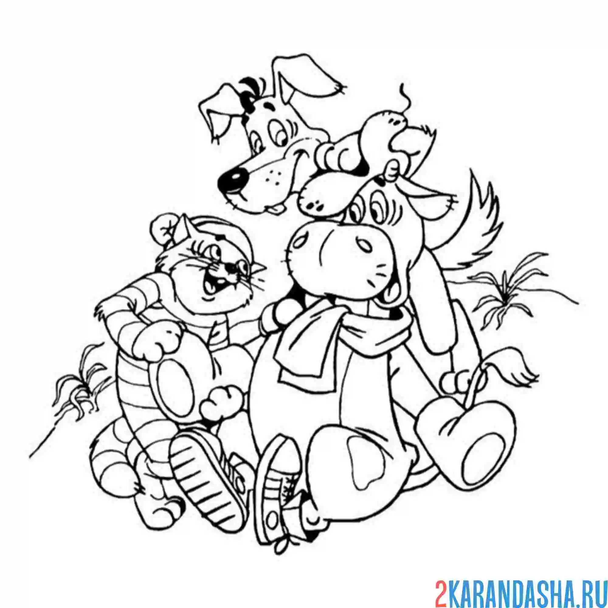 Раскраска простоквашино корова, матроскин и шарик