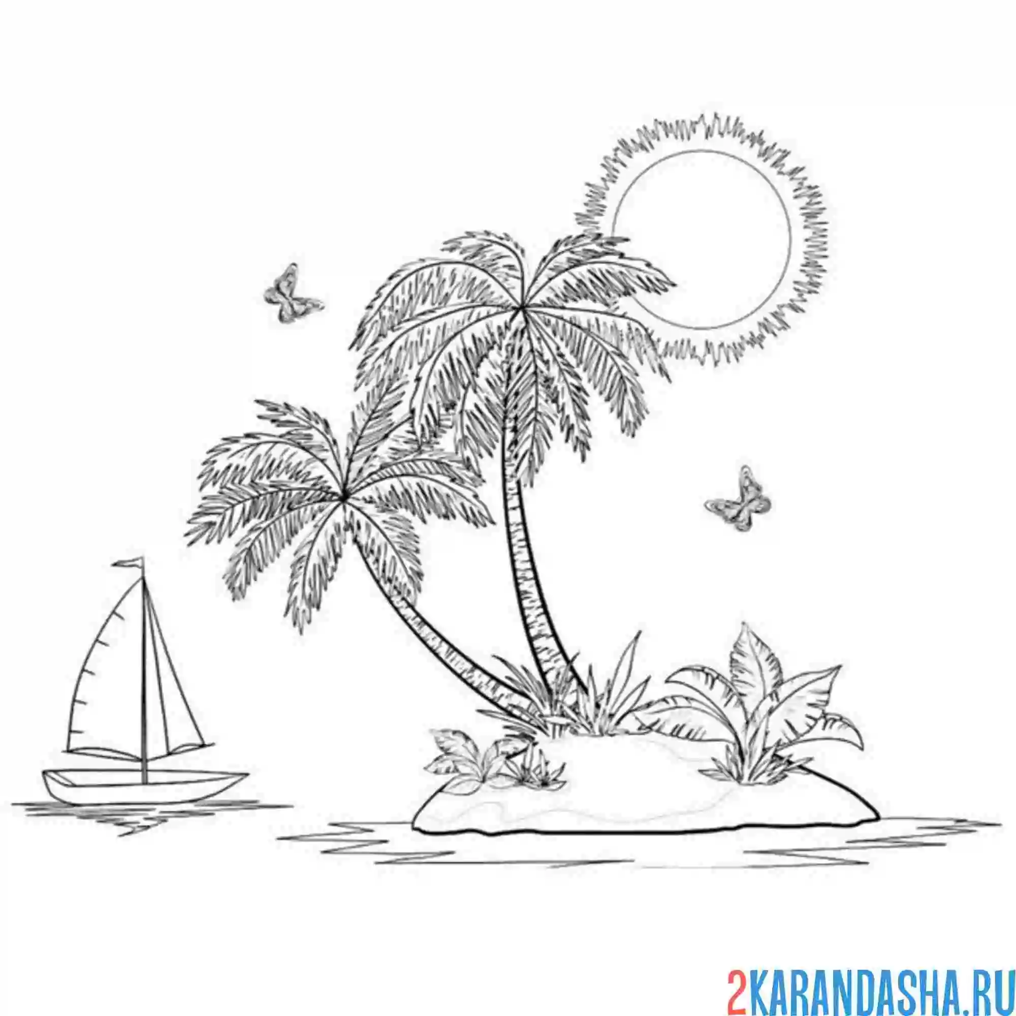 Раскраска парусная лодка и пальма
