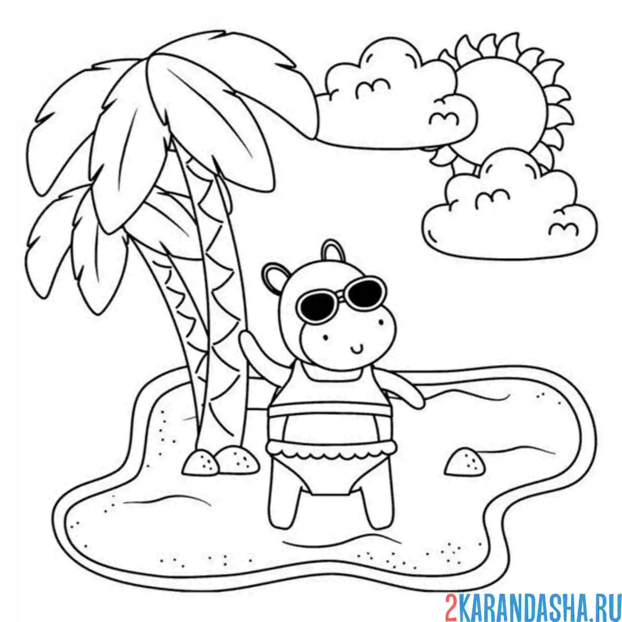 Раскраска бегемотик и пальма