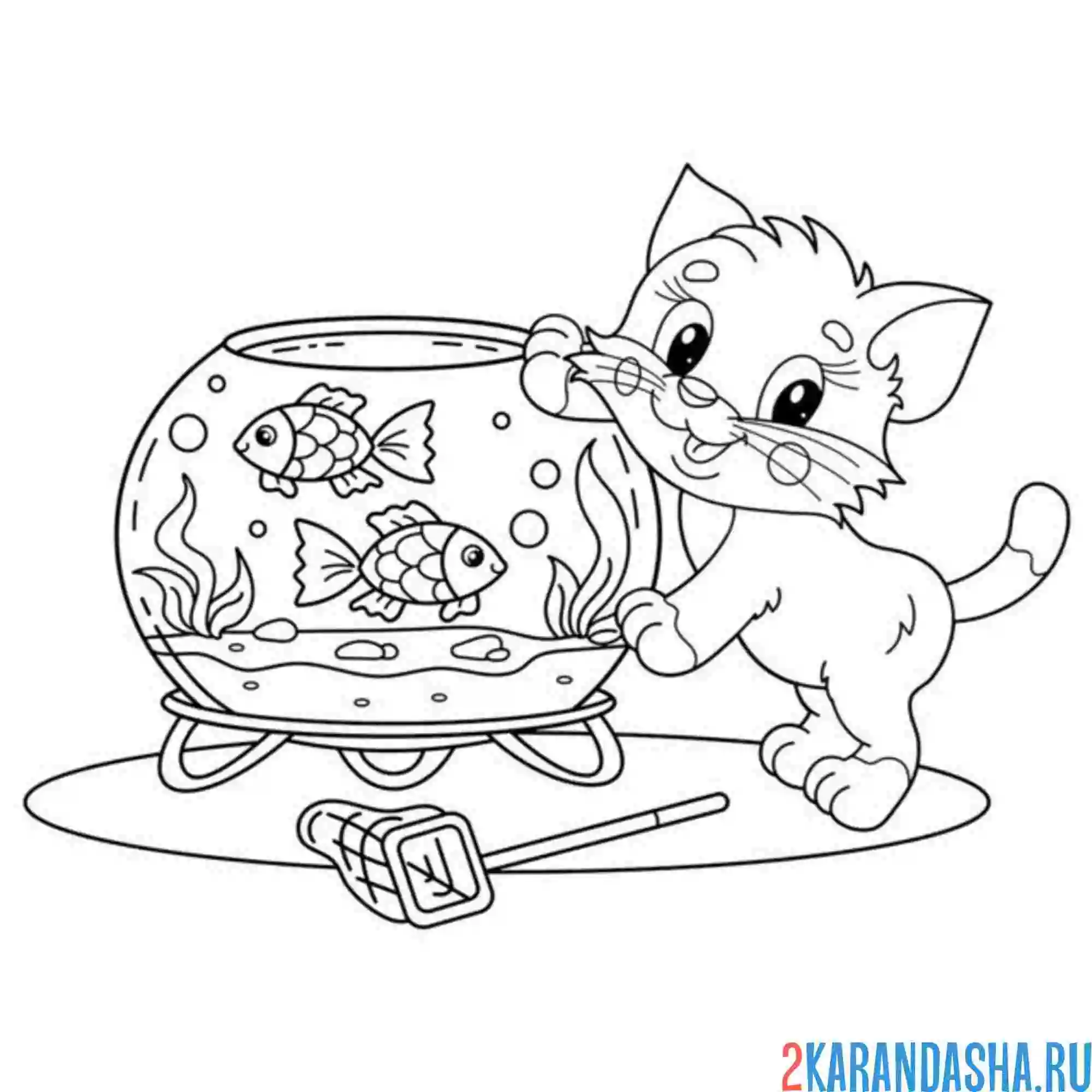 Раскраска котик играет с рыбками в аквариуме