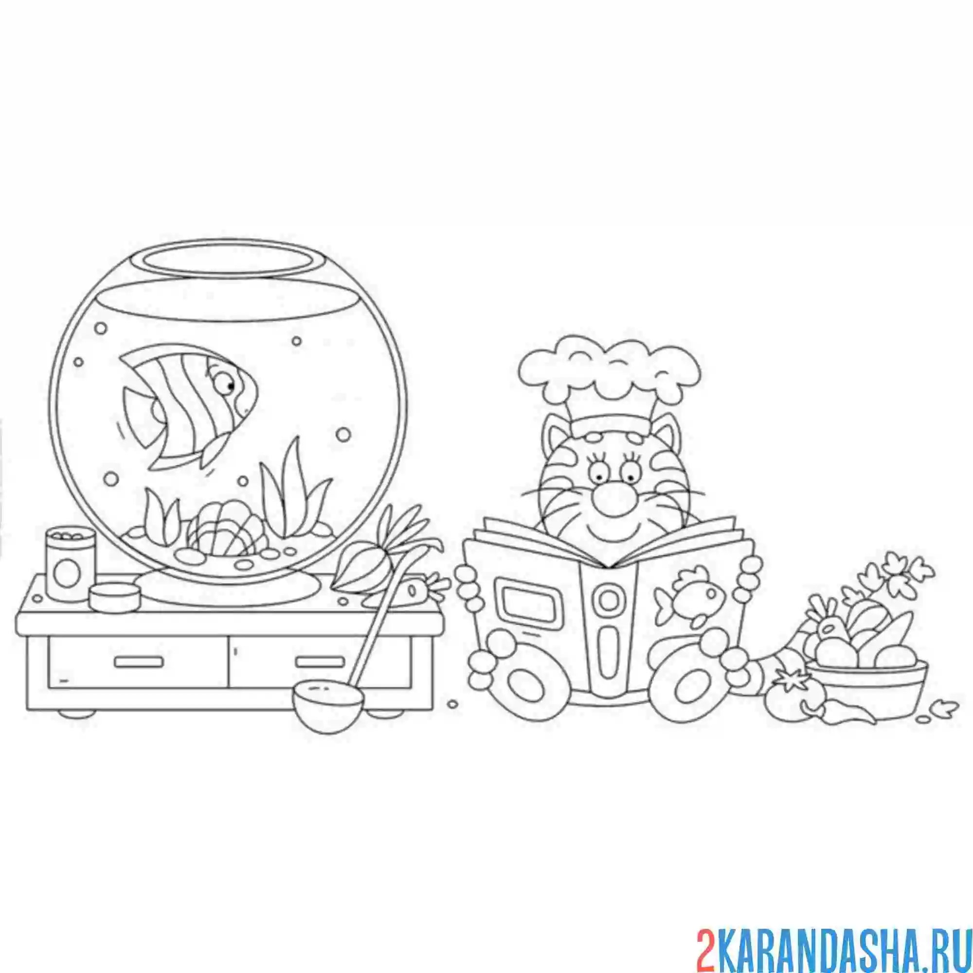 Раскраска кот-повар и аквариум