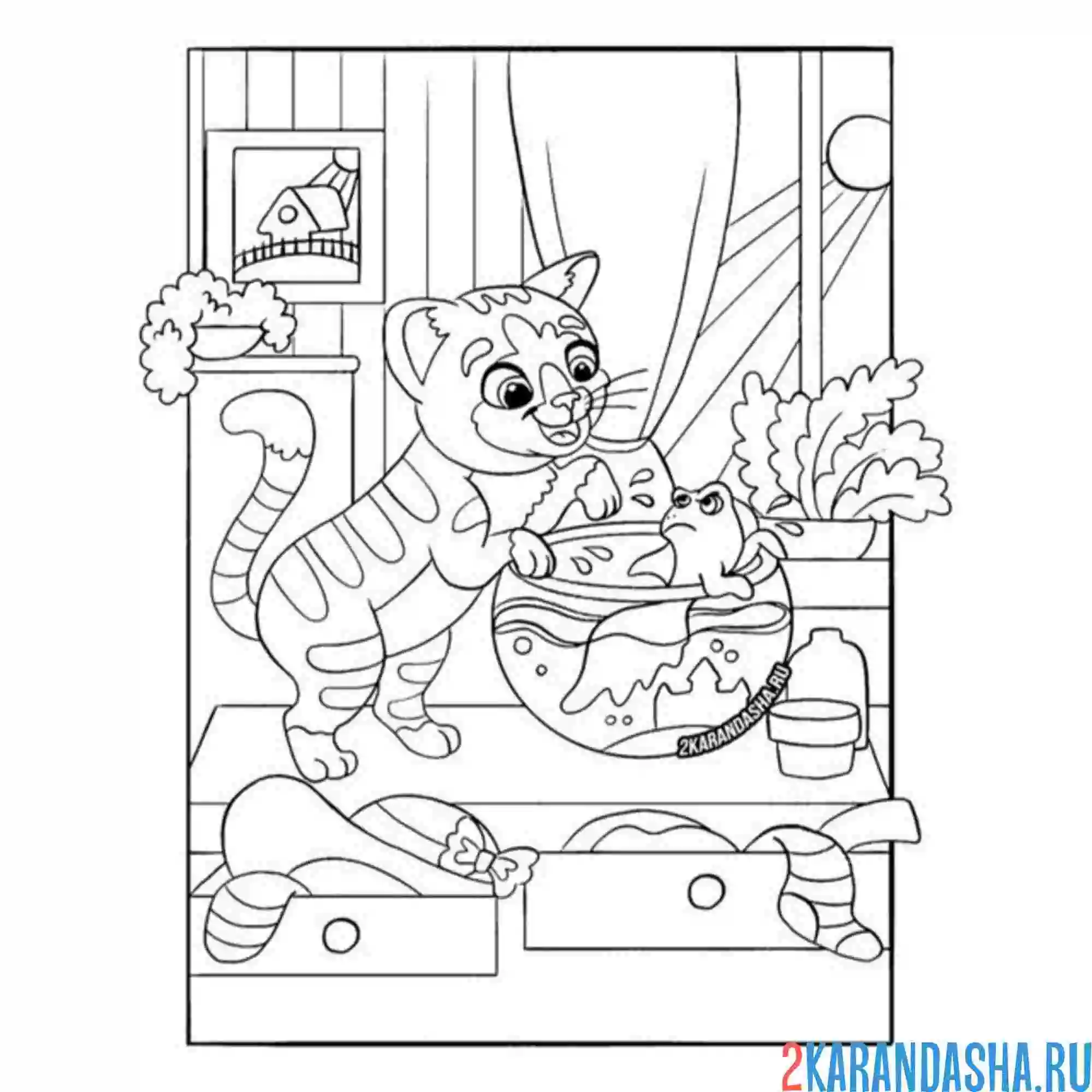 Раскраска котик играет с рыбкой в аквариуме