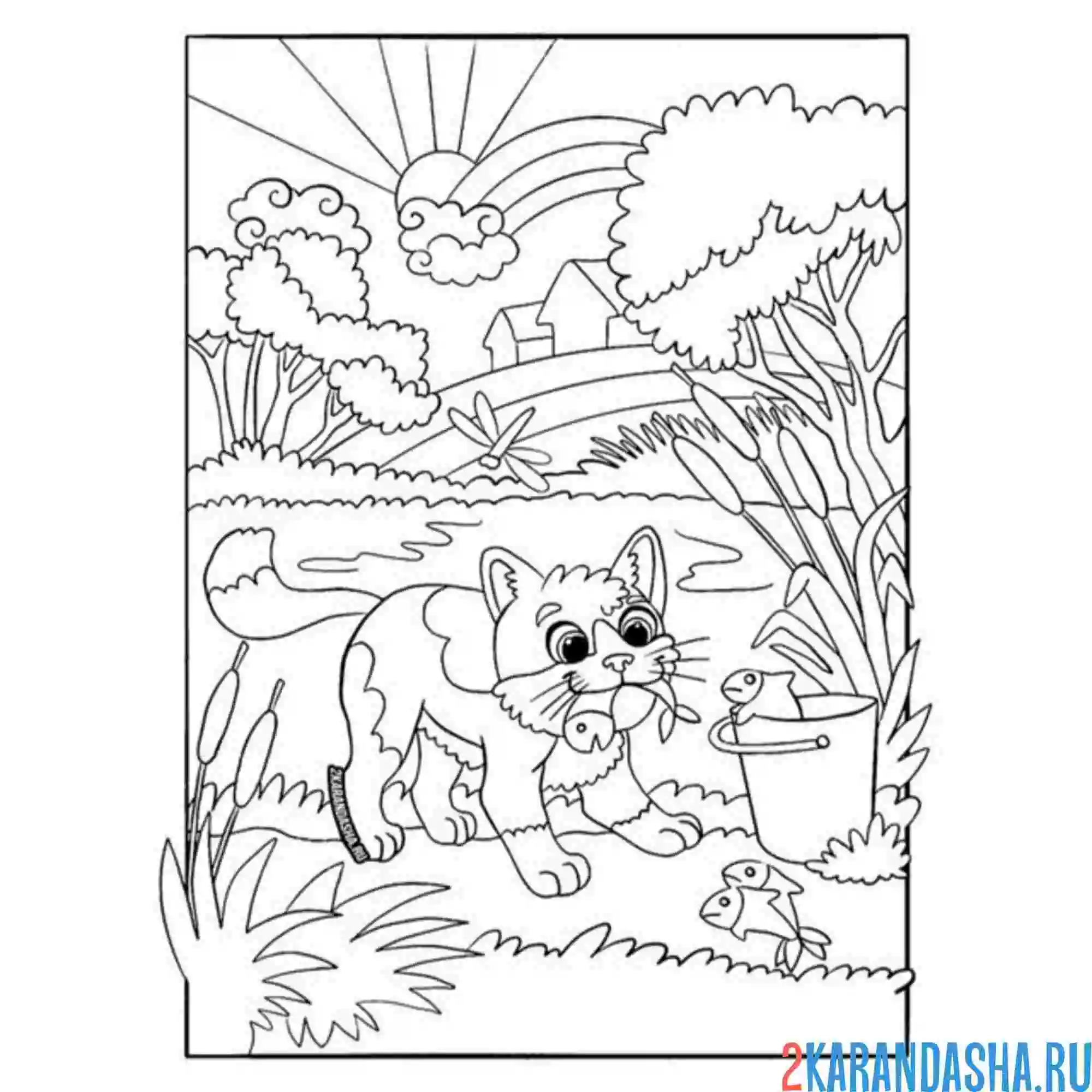 Раскраска кот-рыбак с рыбкой