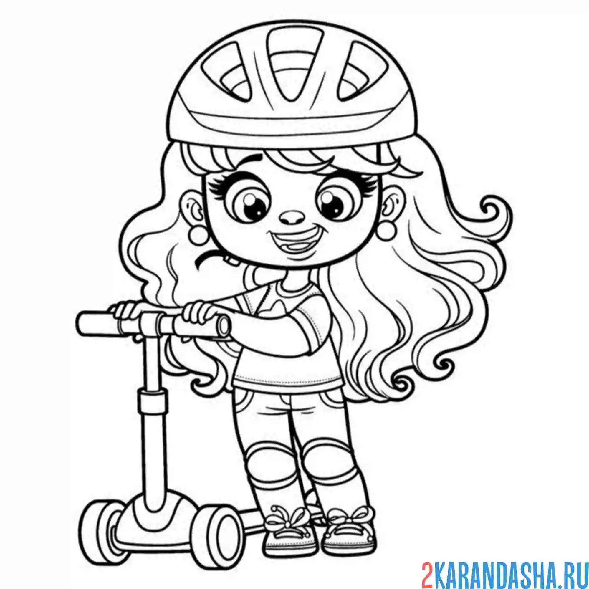 Раскраска девочка в шлеме на самокате
