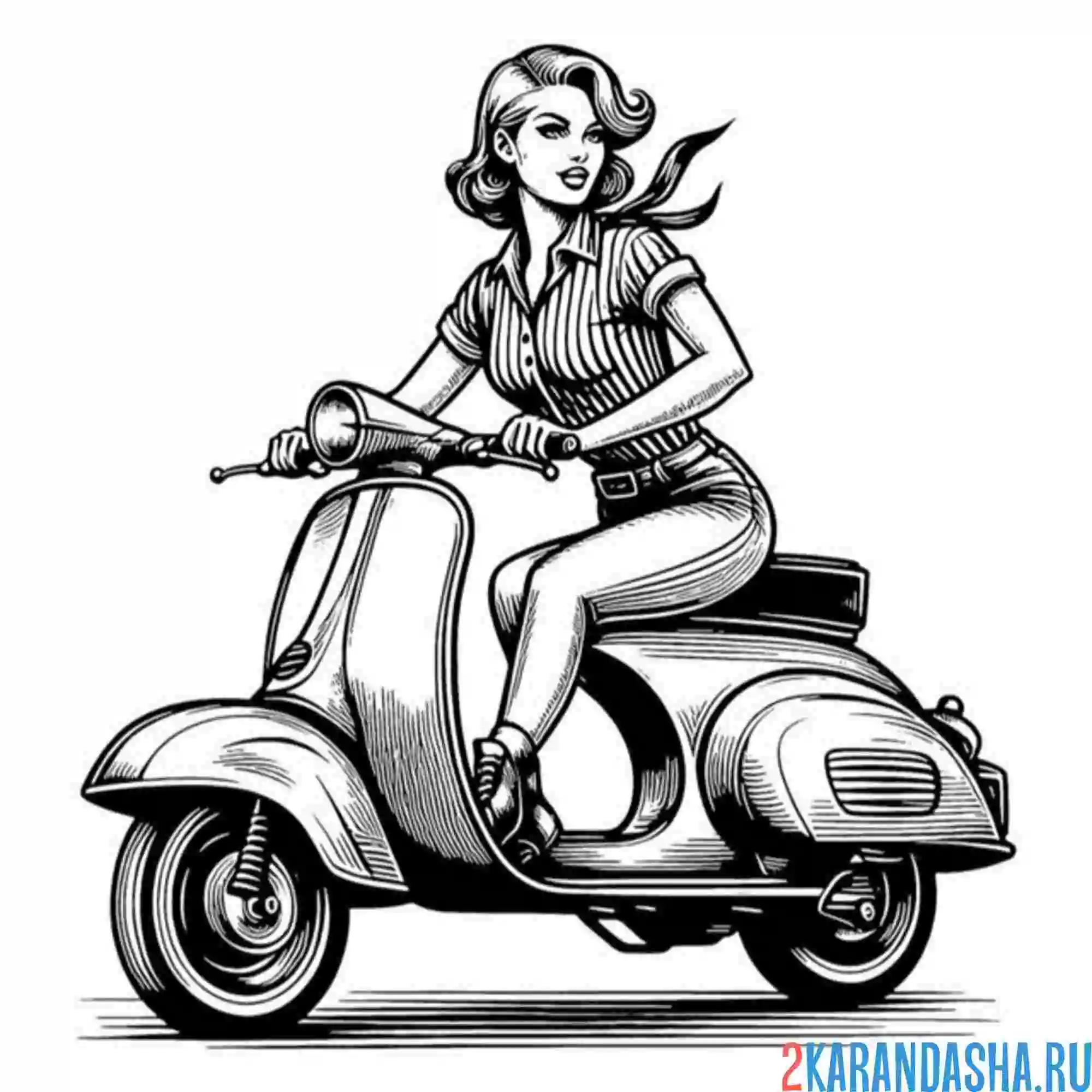 Раскраска девушка на мопеде