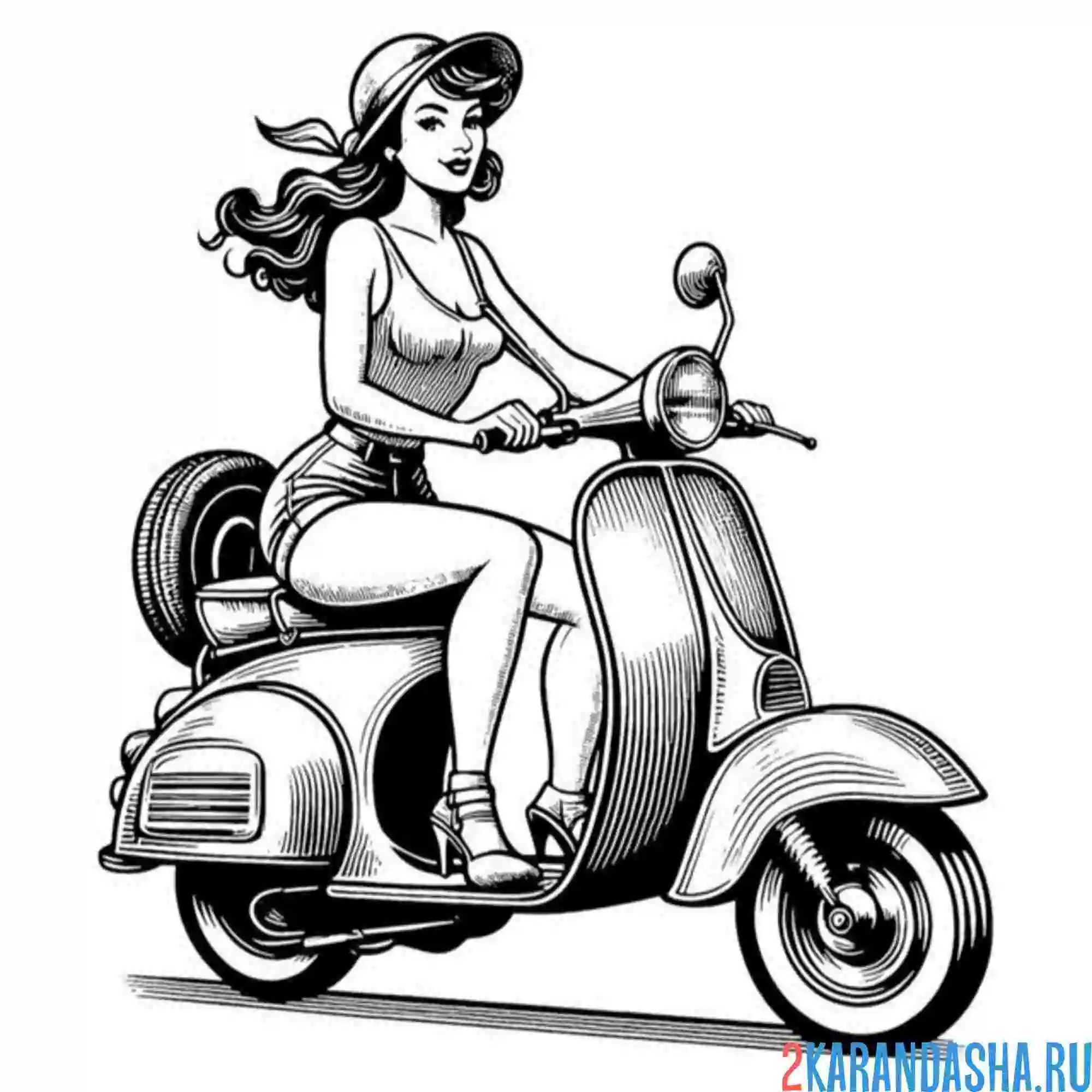 Раскраска девушка в шляпке и скутер