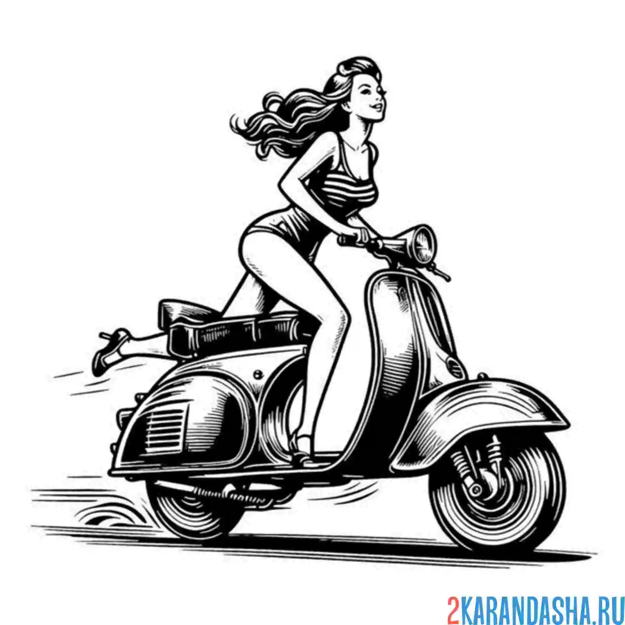 Раскраска девушка на большом скутере