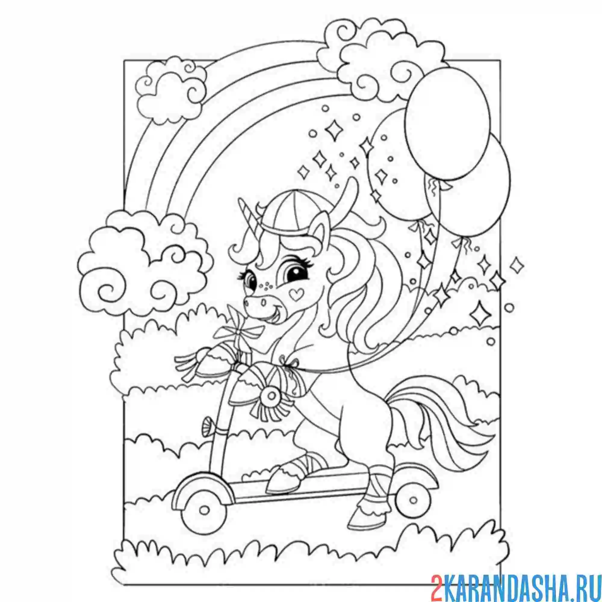 Раскраска единорог в кепке на самокате