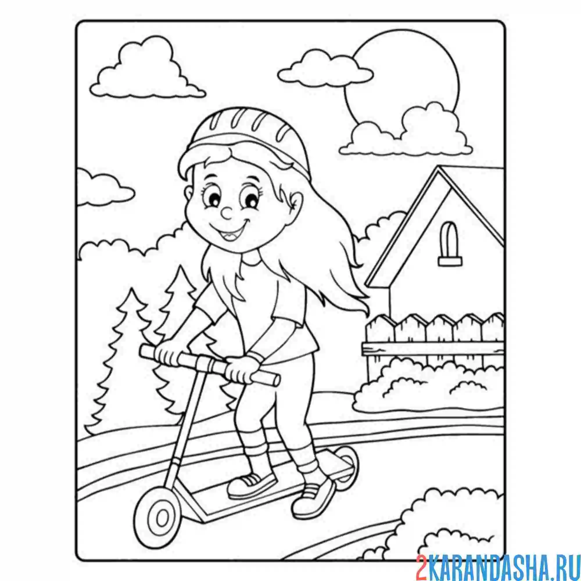 Раскраска девочка в городе на самокате