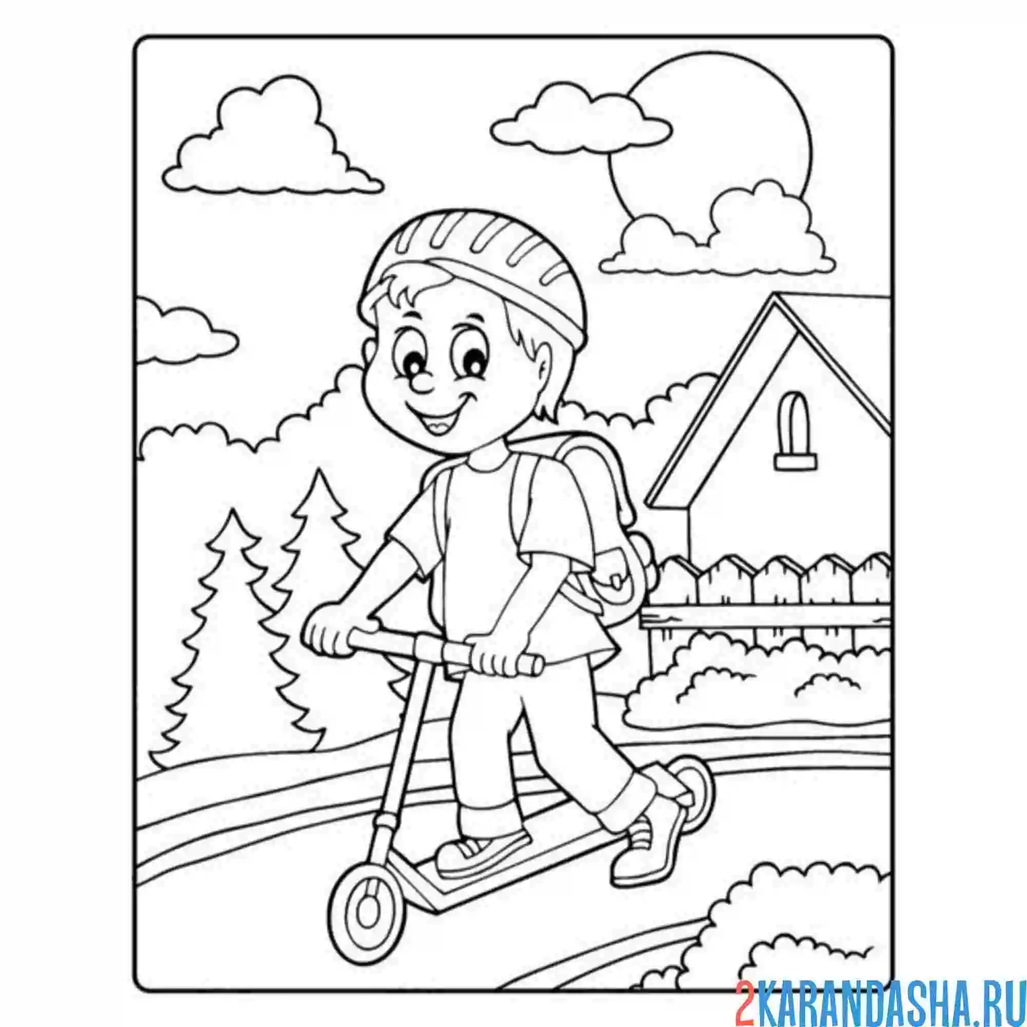Раскраска мальчик в городе на самокате