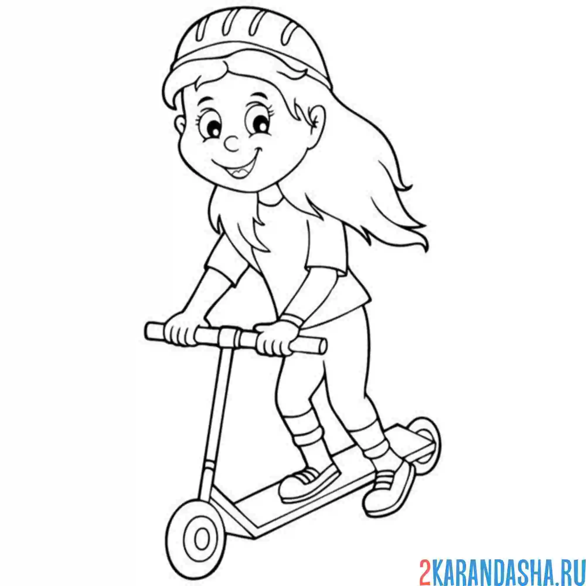 Раскраска девочка скорость самокат