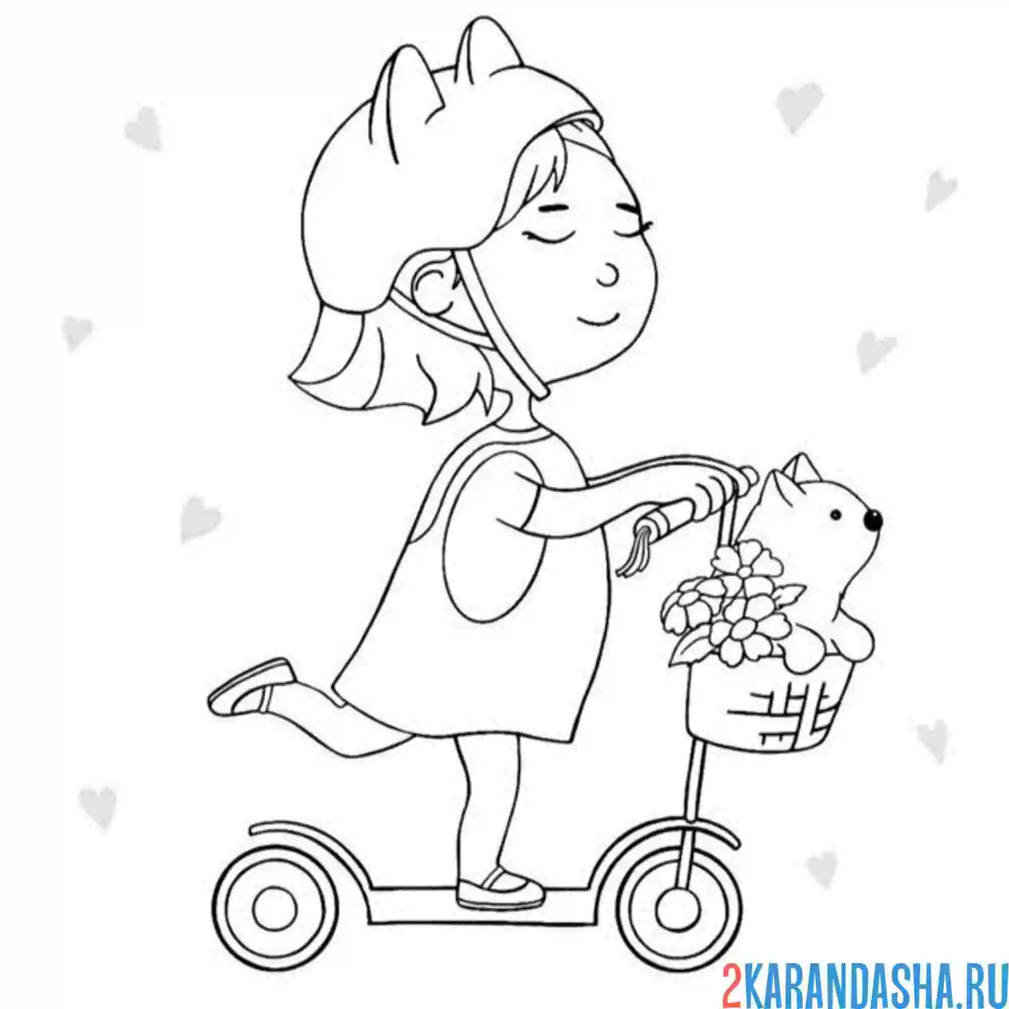 Раскраска смешная девочка  и кот на самокате