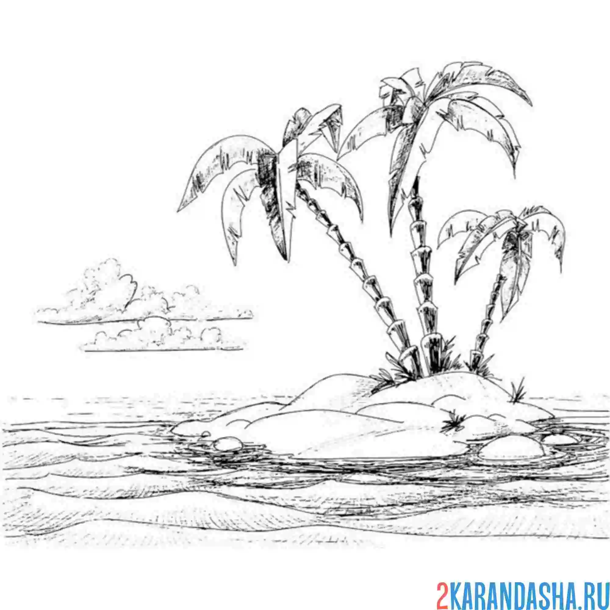 Раскраска остров с пальмами в открытом море