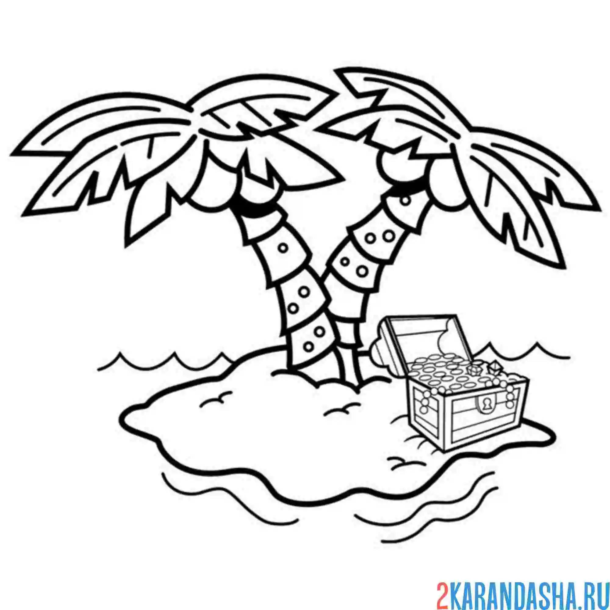 Раскраска остров с сундуком сокровищ