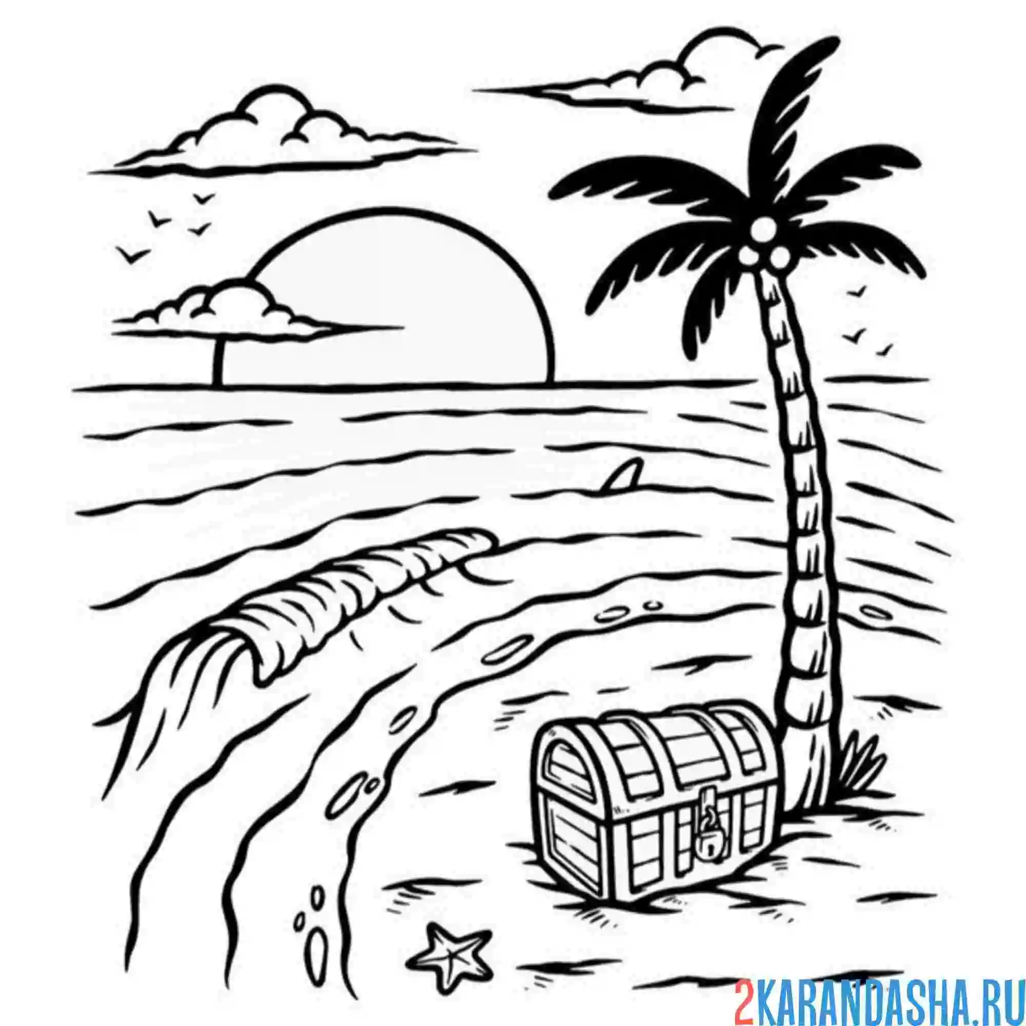 Раскраска остров пляж пальма сундук