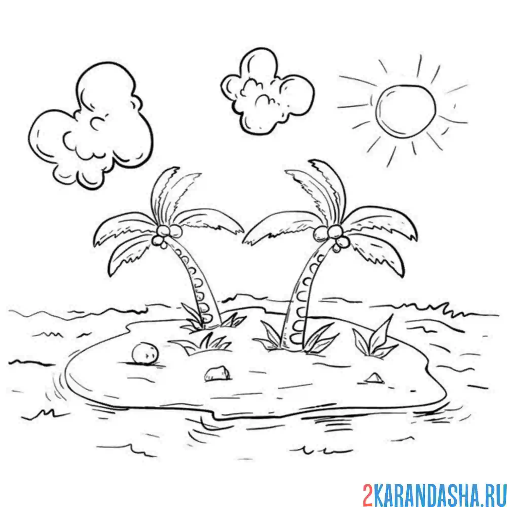 Раскраска остров с пальмами и тучки