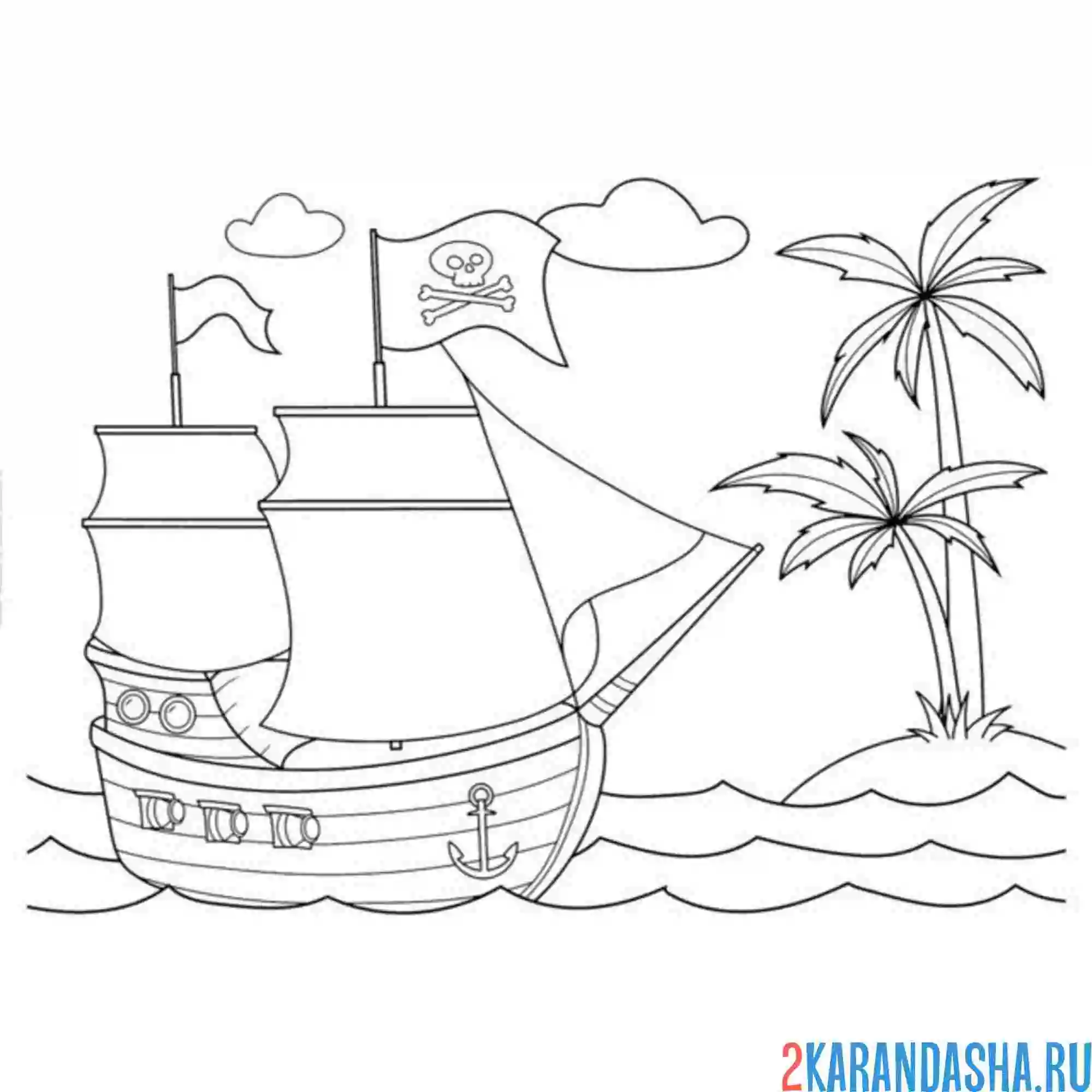 Раскраска корабль пиратов и остров сокровищ