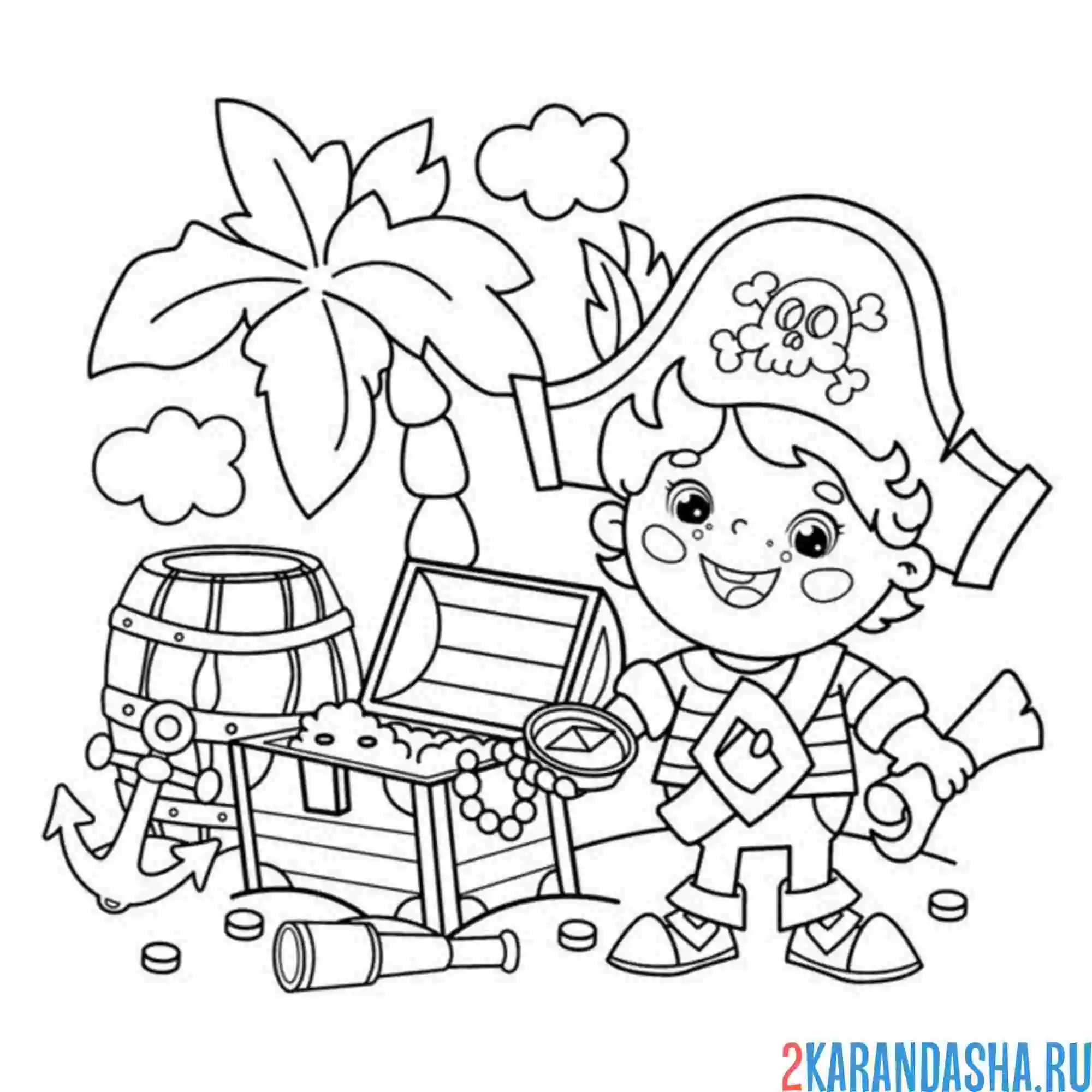 Раскраска маленький пират и пальмы