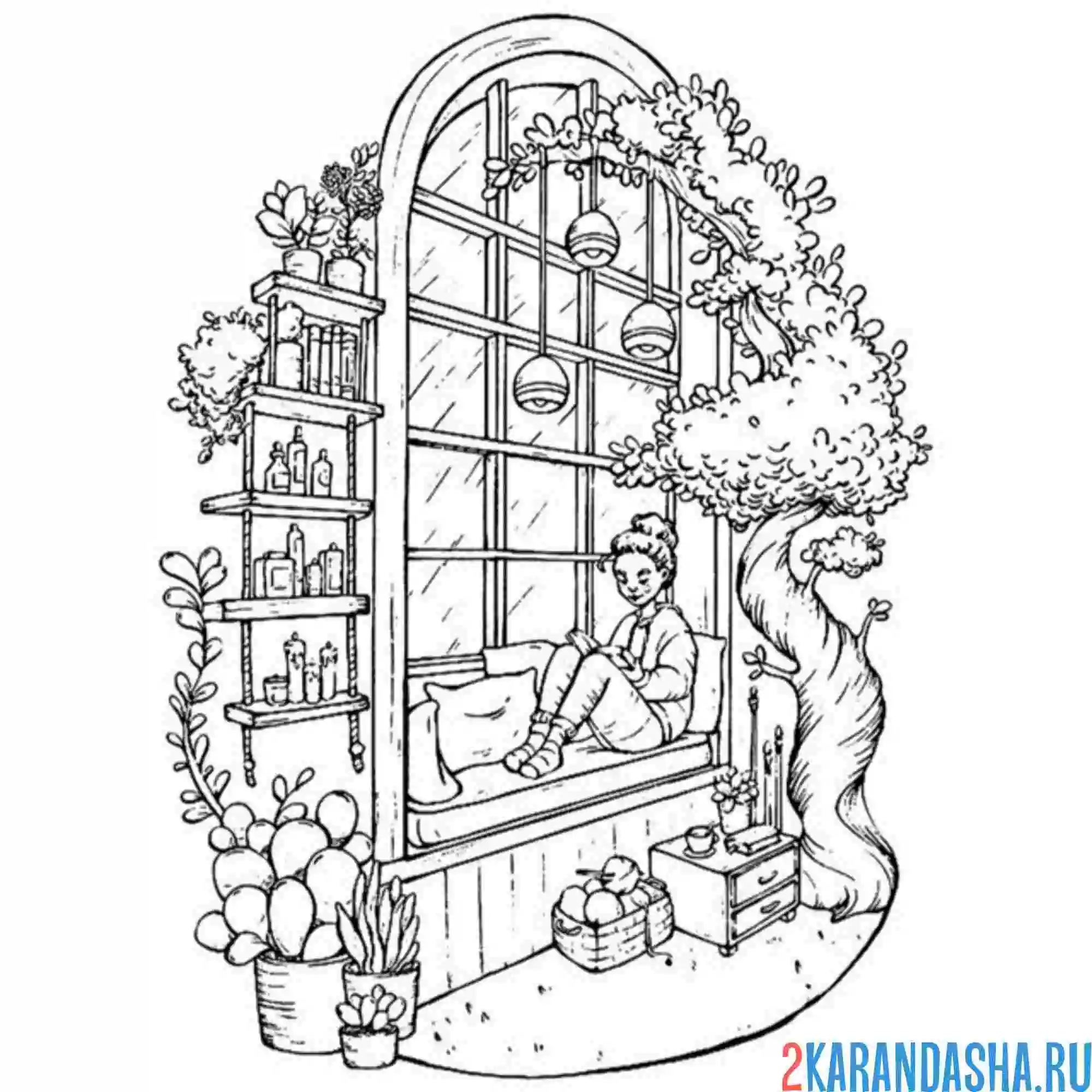 Раскраска эстетика девушка на подоконнике