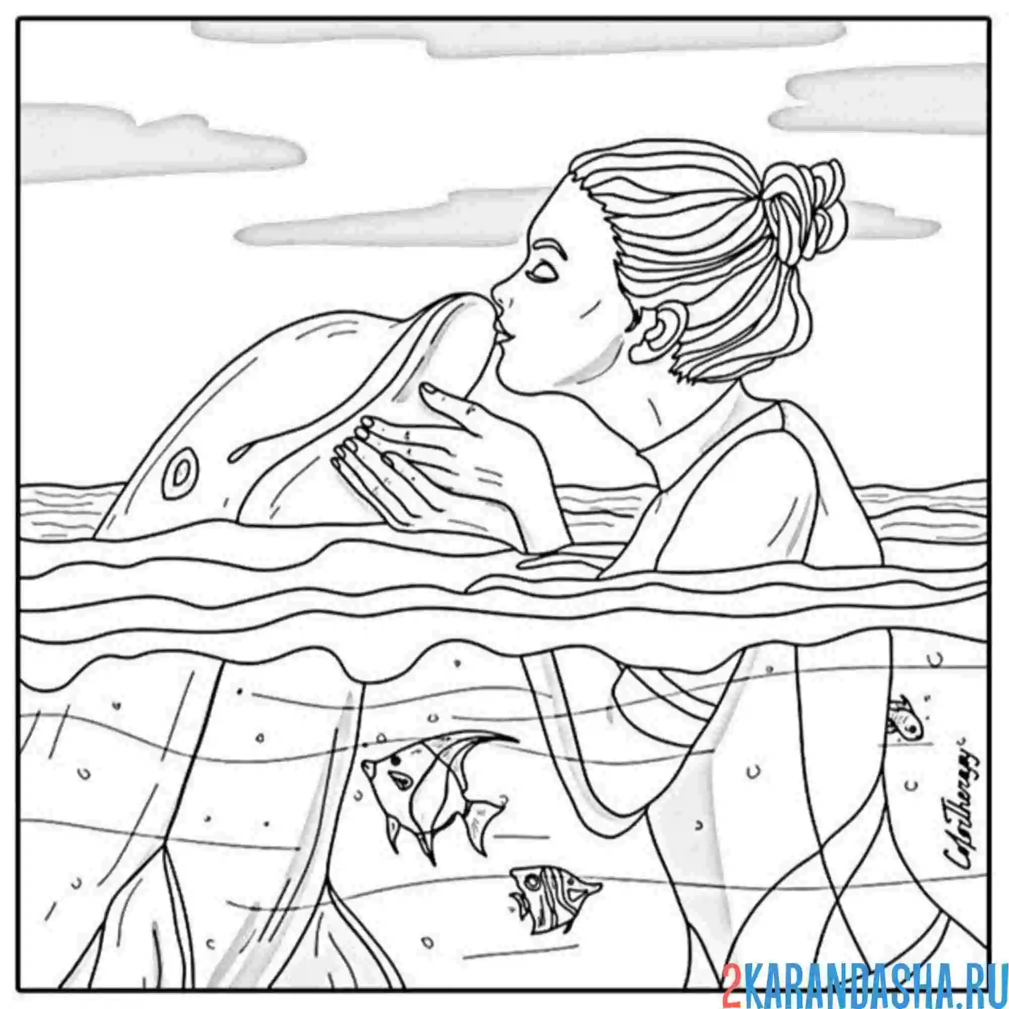 Раскраска эстетика девушка и дельфин