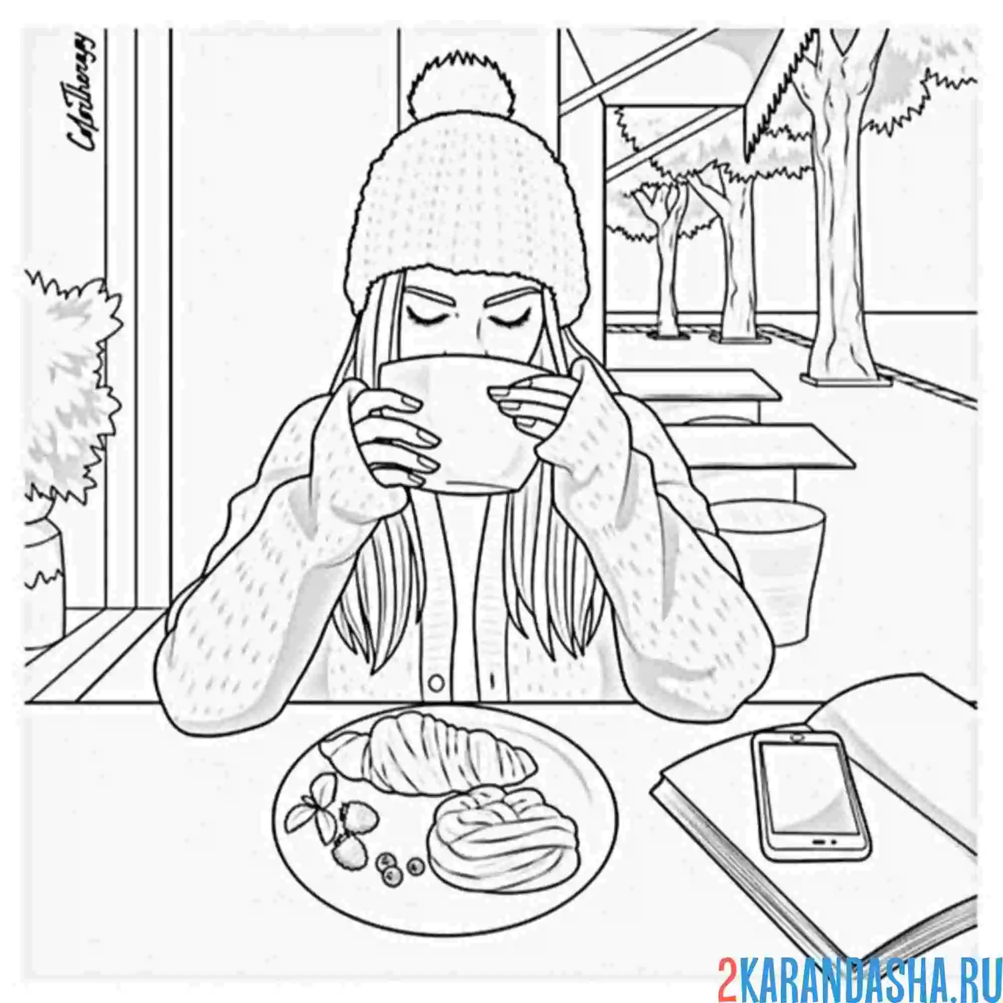 Раскраска эстетика девушка и чай