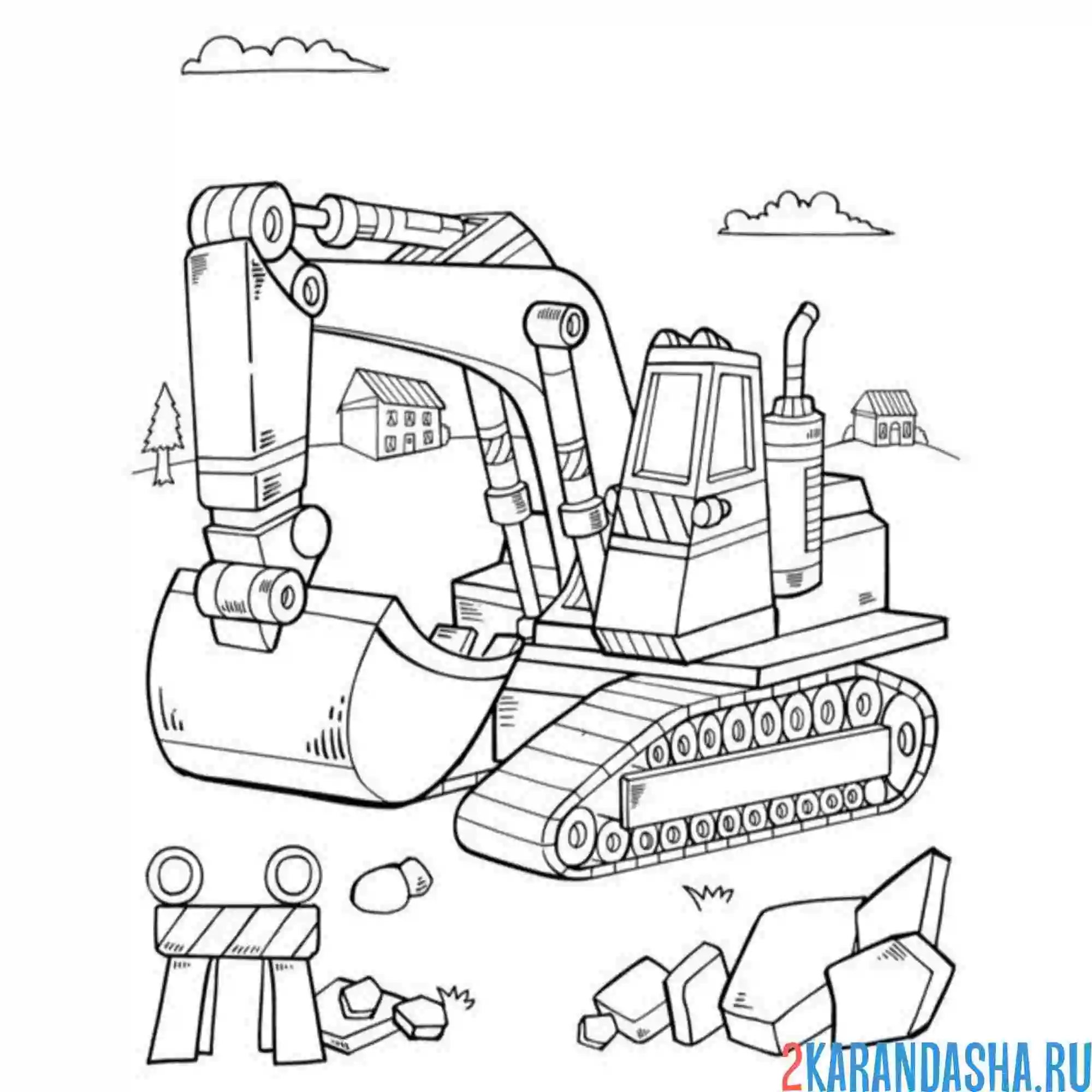 Раскраска экскаватор на стройке