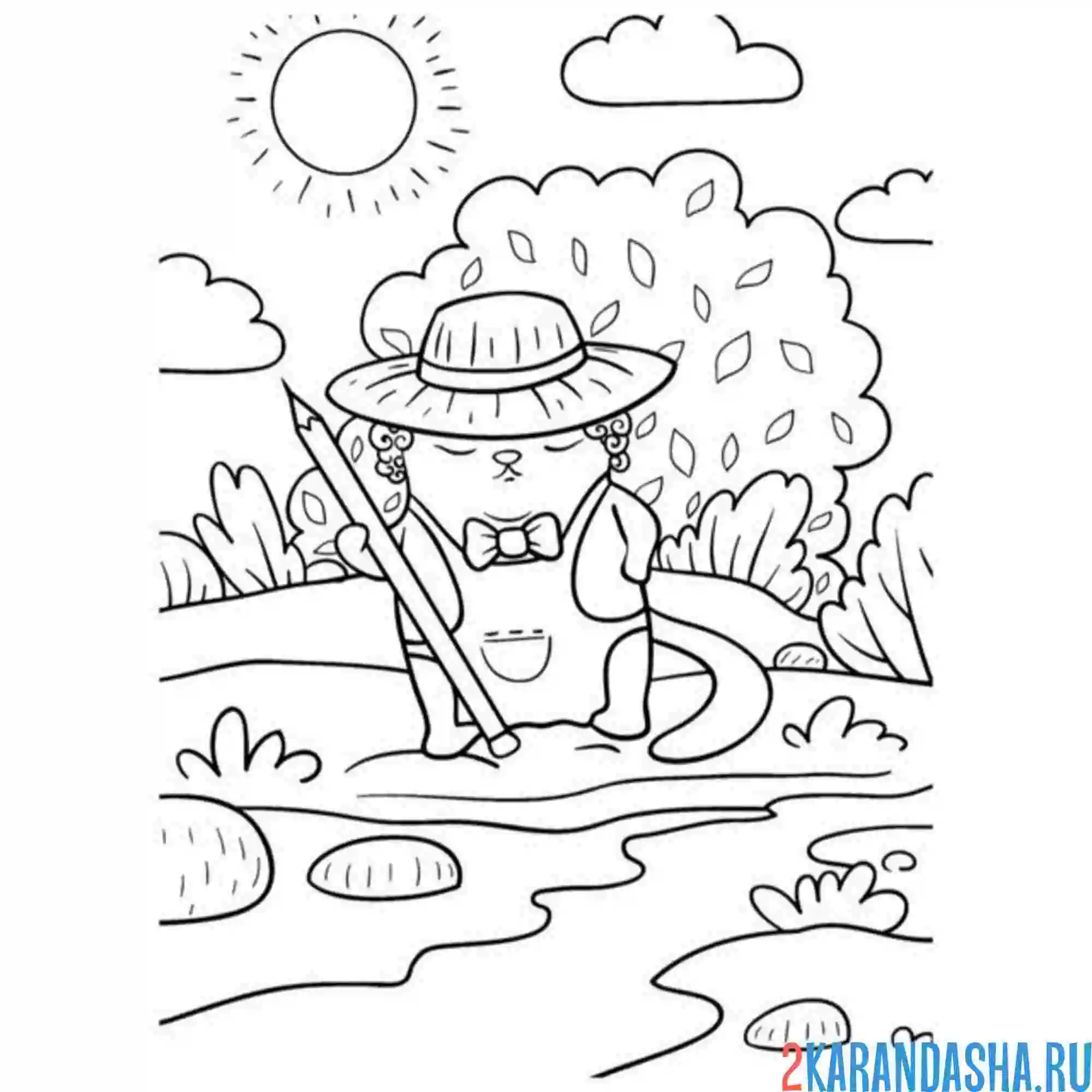Раскраска смешной котик садовод