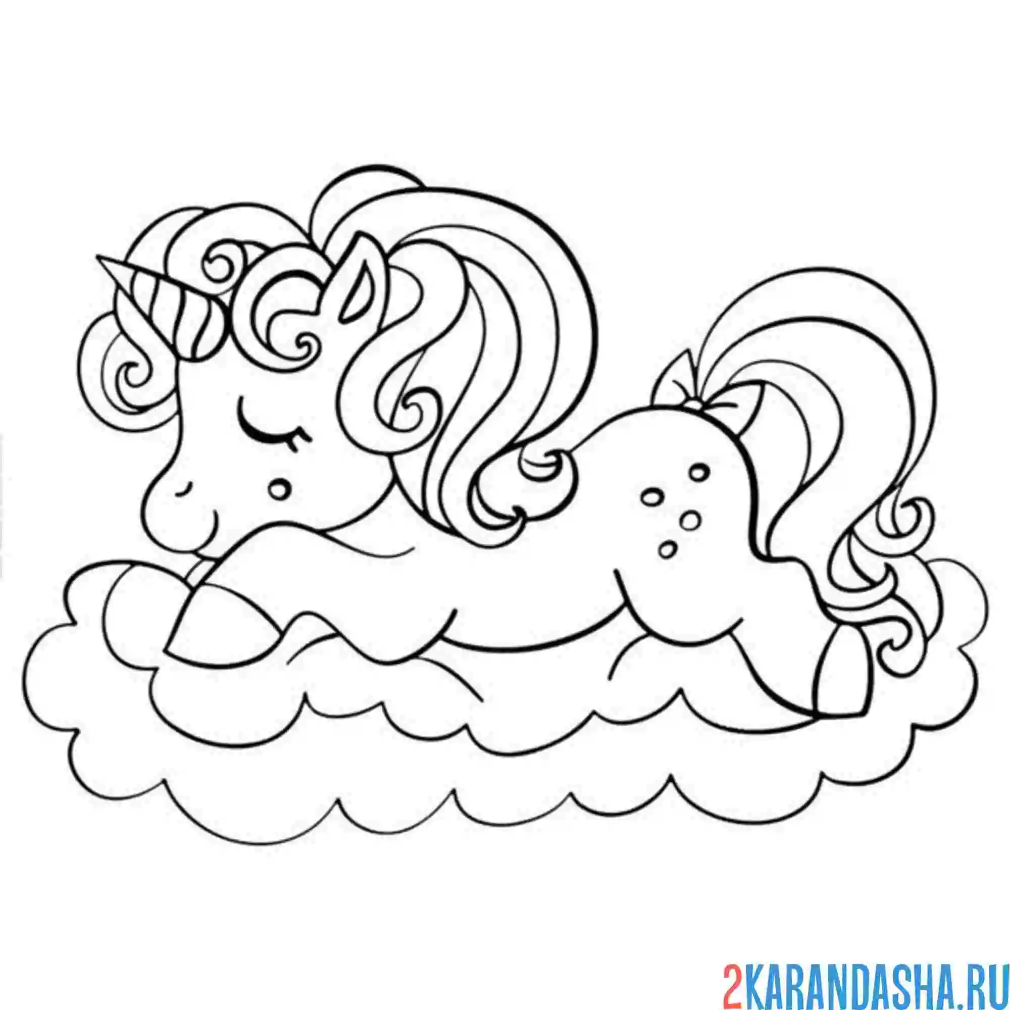 Раскраска единорог спит на облаке