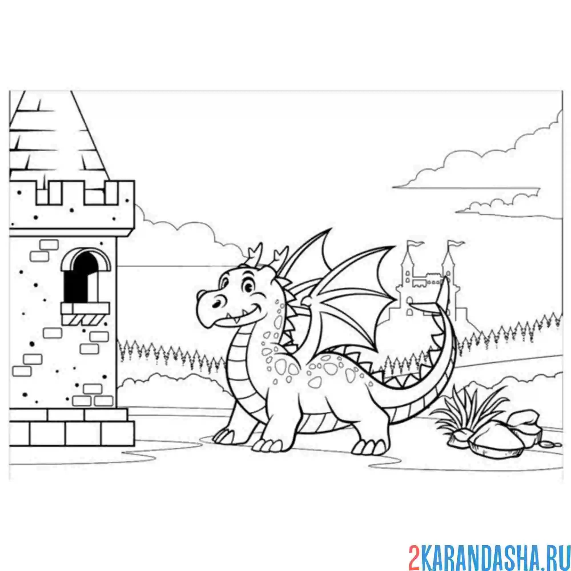 Раскраска замок с большим драконом